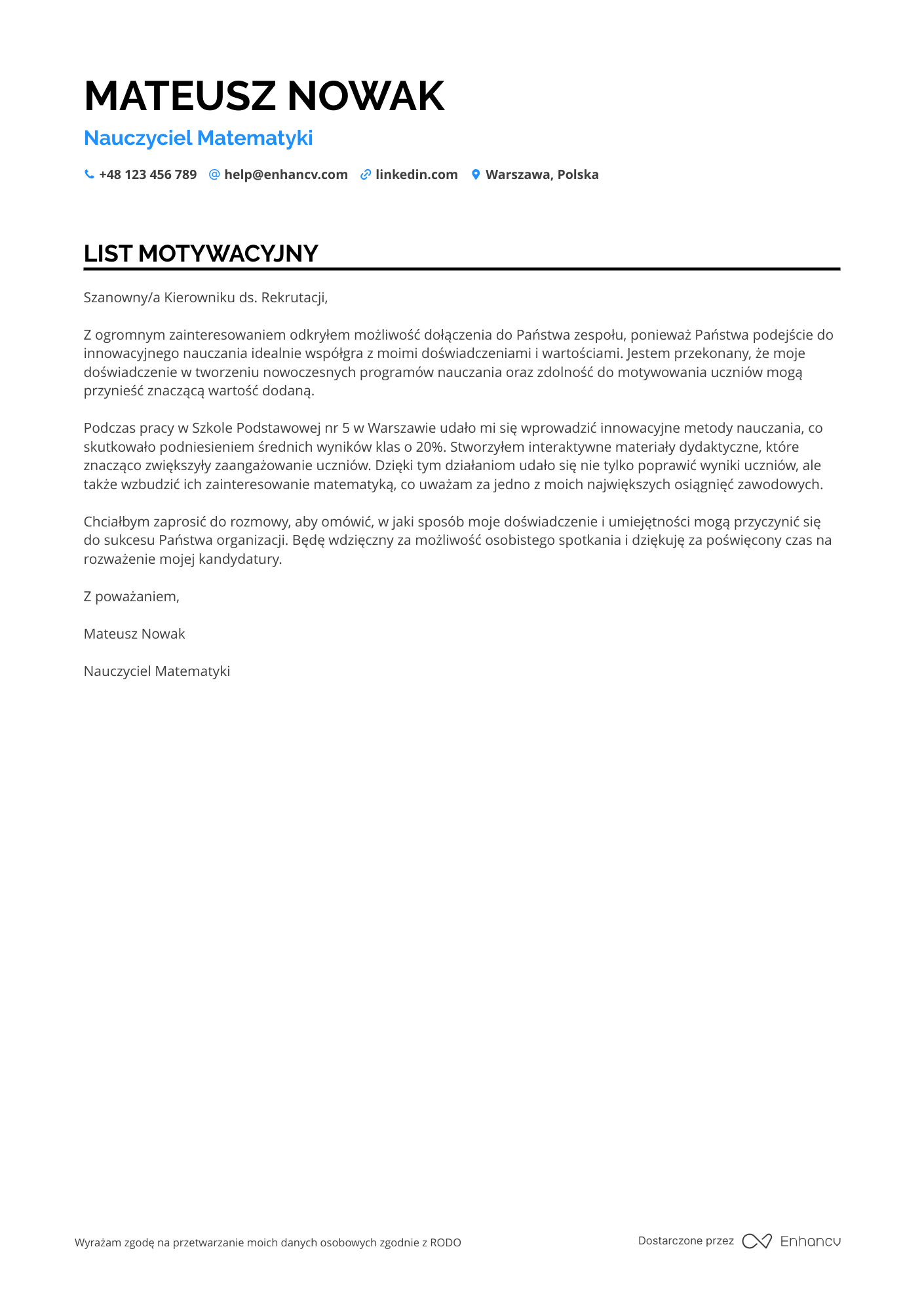 List motywacyjny dla Nauczyciel Matematyki w Szkole Podstawowej