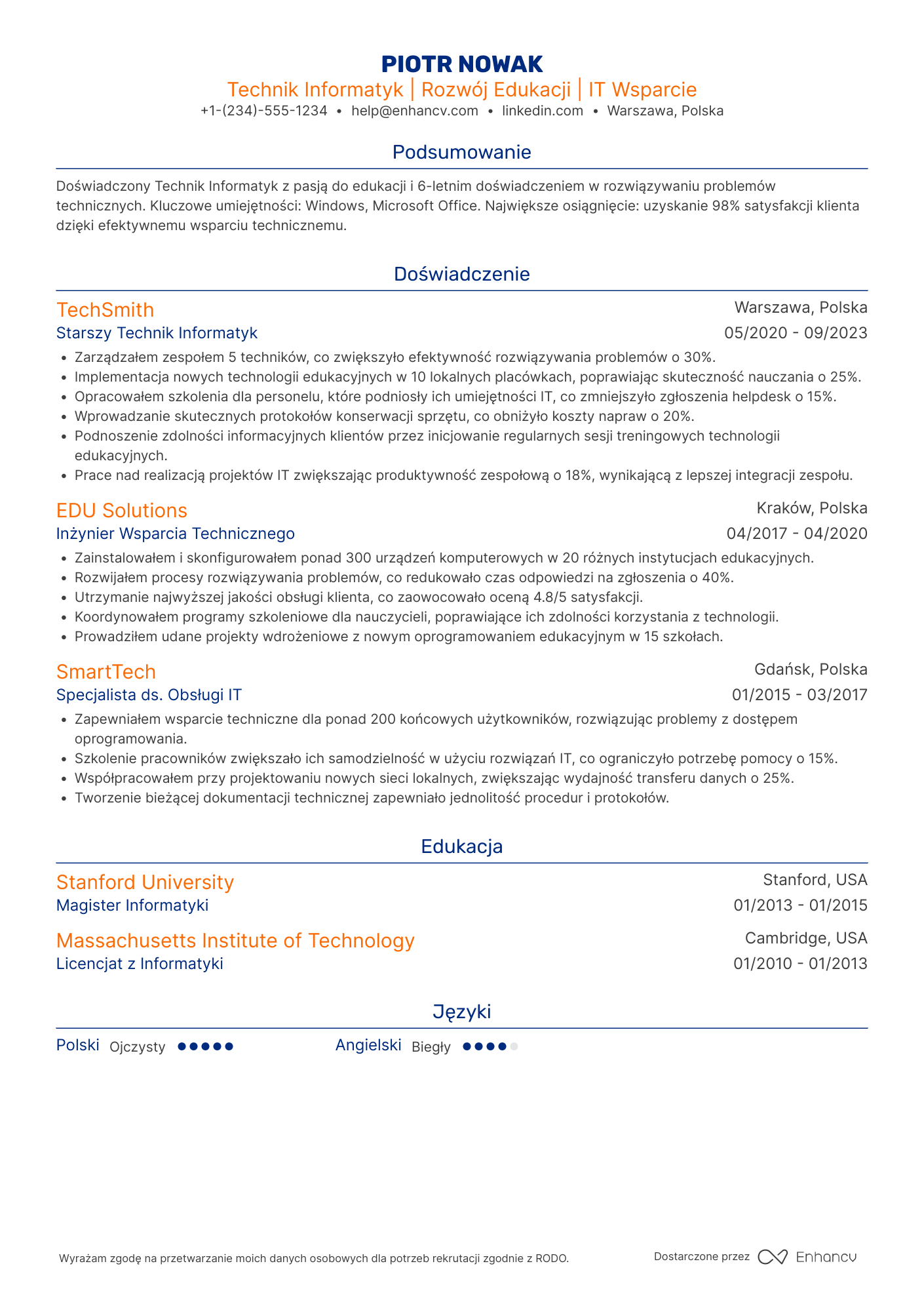 CV dla Technik Informatyk Edukacji