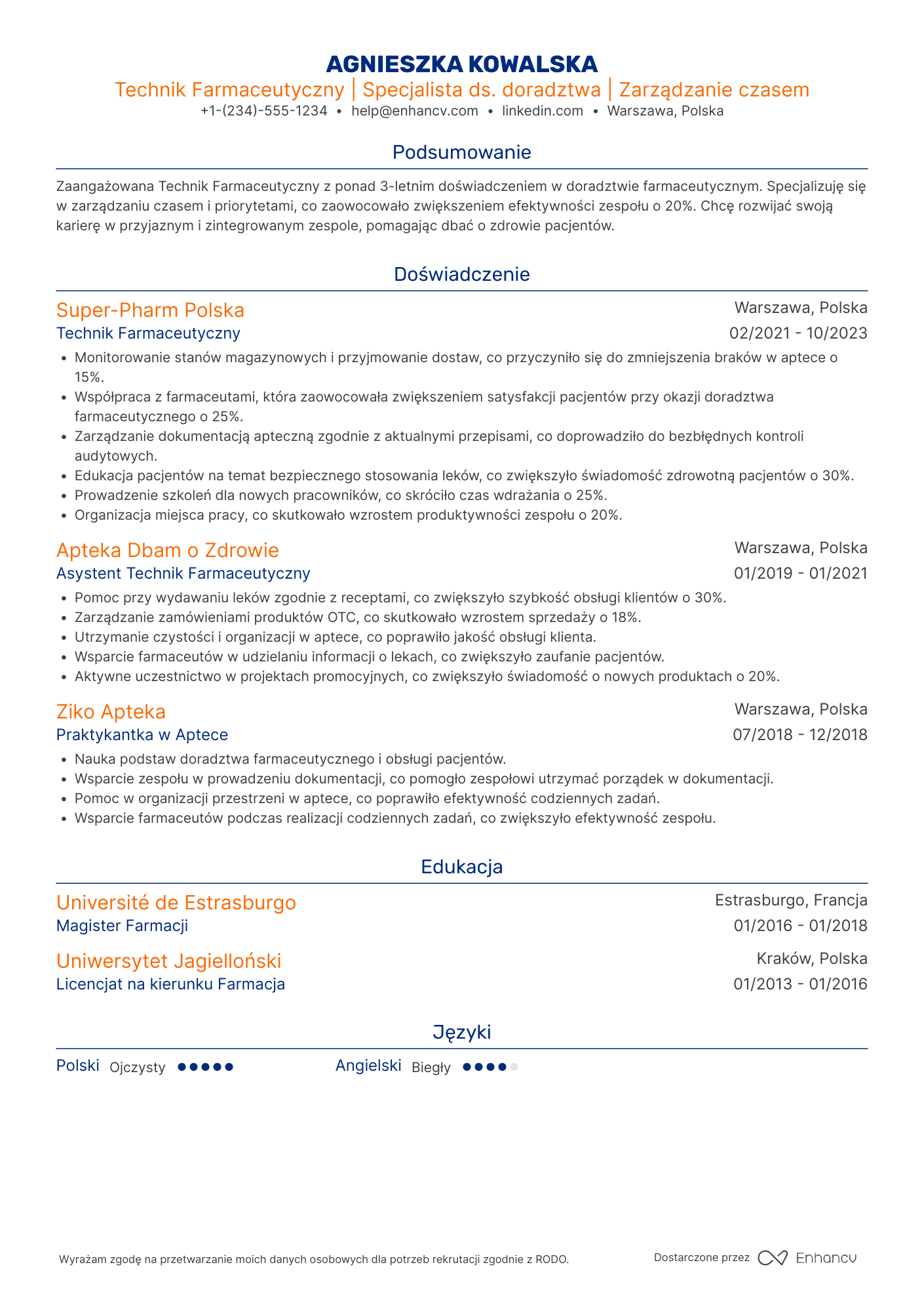 CV dla Technik Farmaceutyczny w Aptece