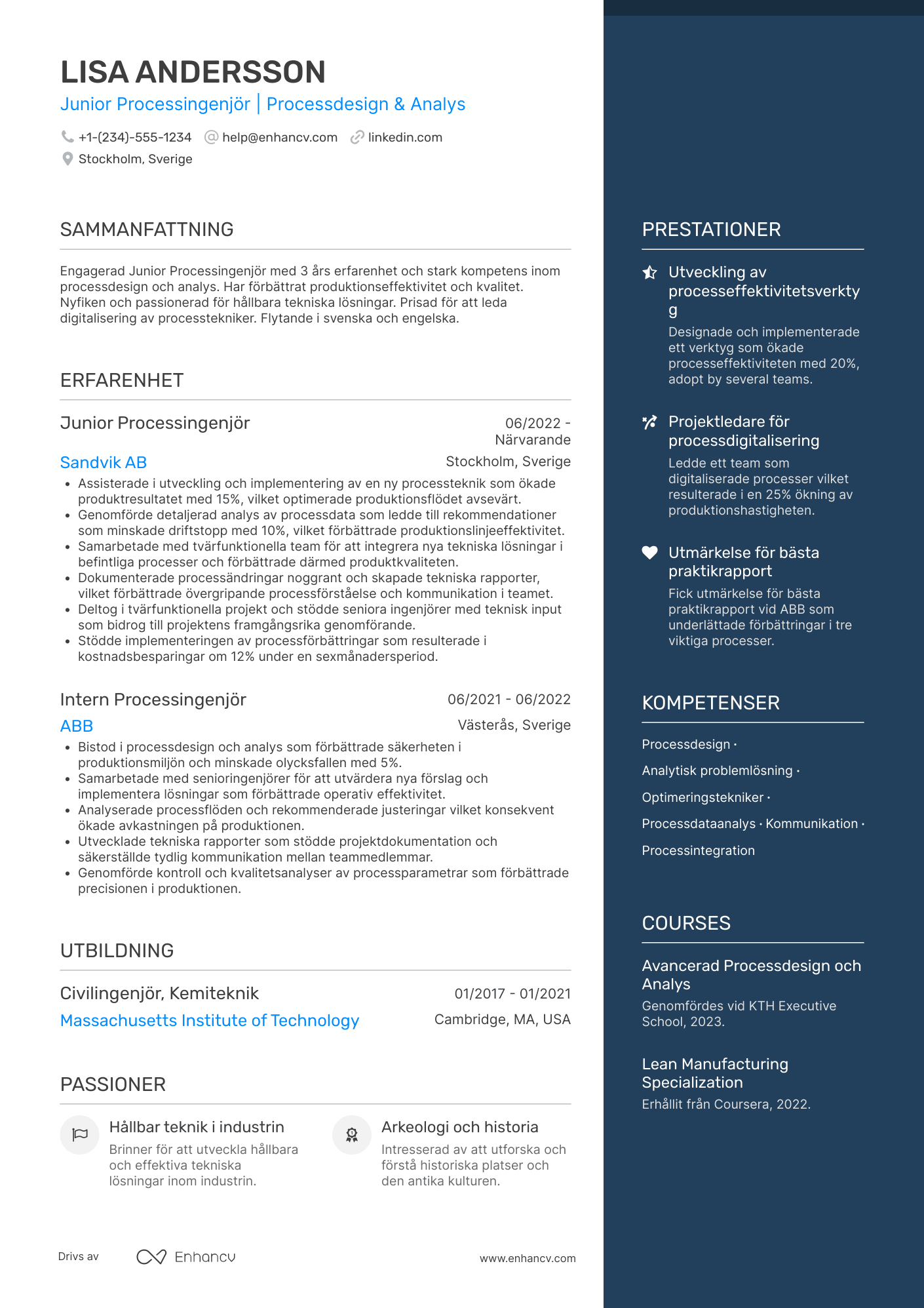 CV för Junior Processingenjör