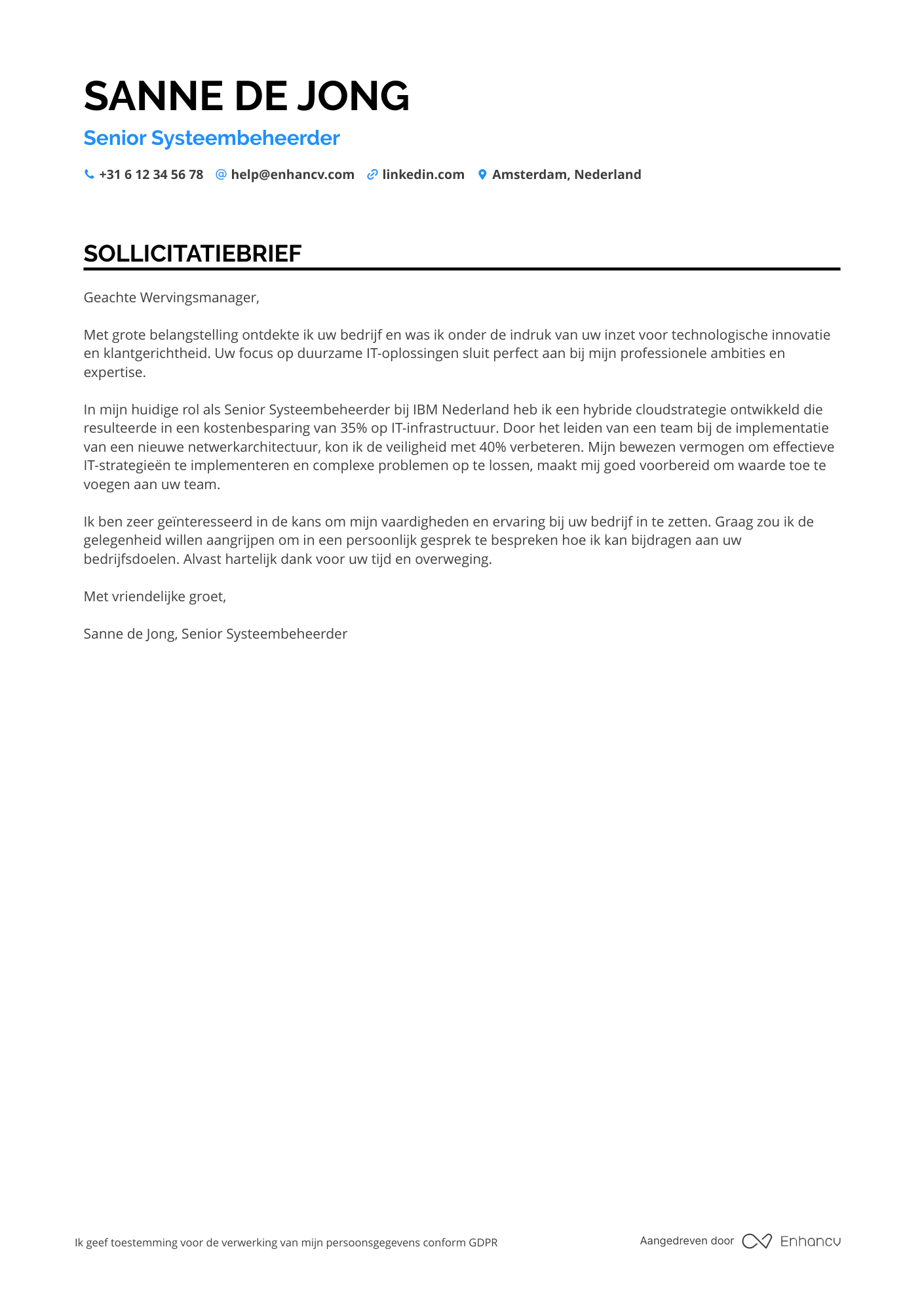 Sollicitatiebrief voor Senior Systeembeheerder