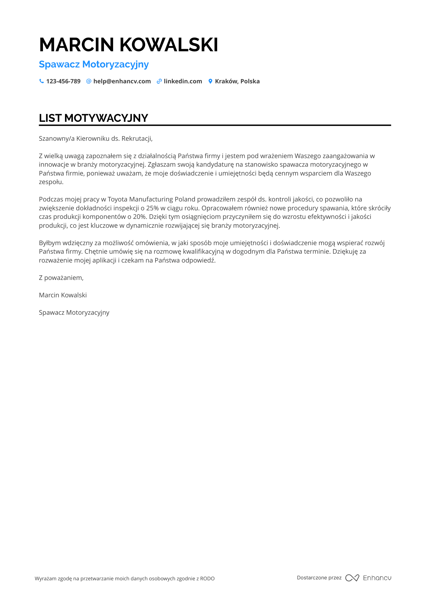 List motywacyjny dla Spawacz motoryzacyjny