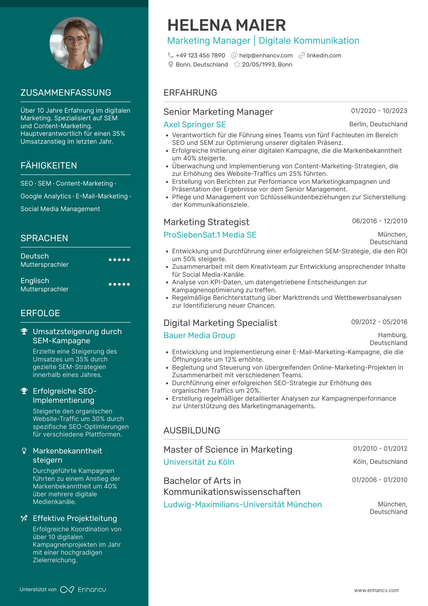 Lebenslauf als Marketing Manager für digitale Medien