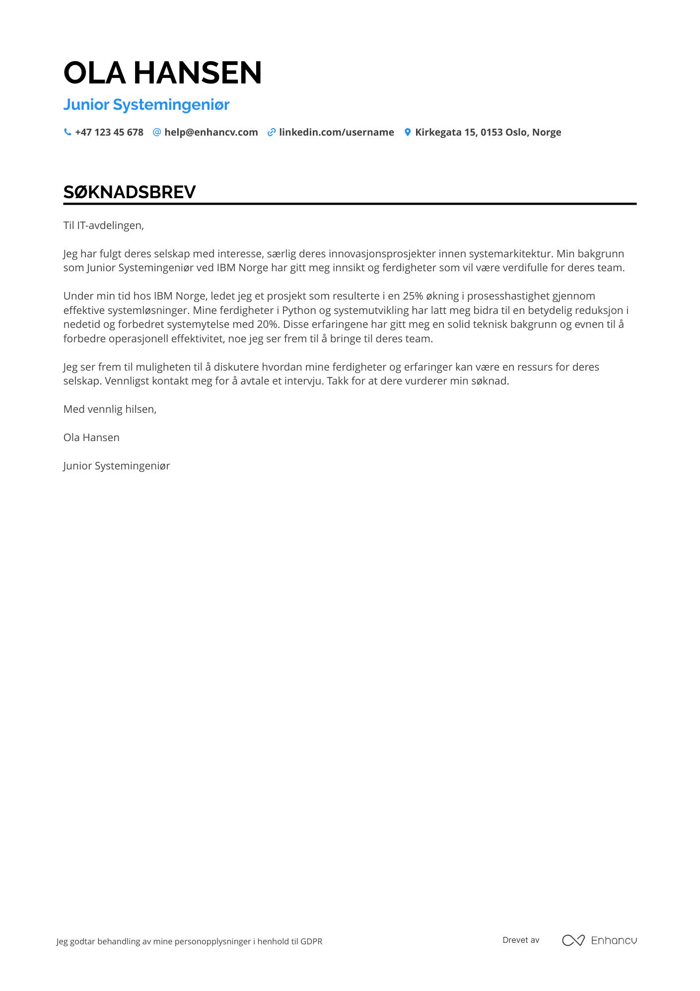Søknadsbrev for Junior systemingeniør