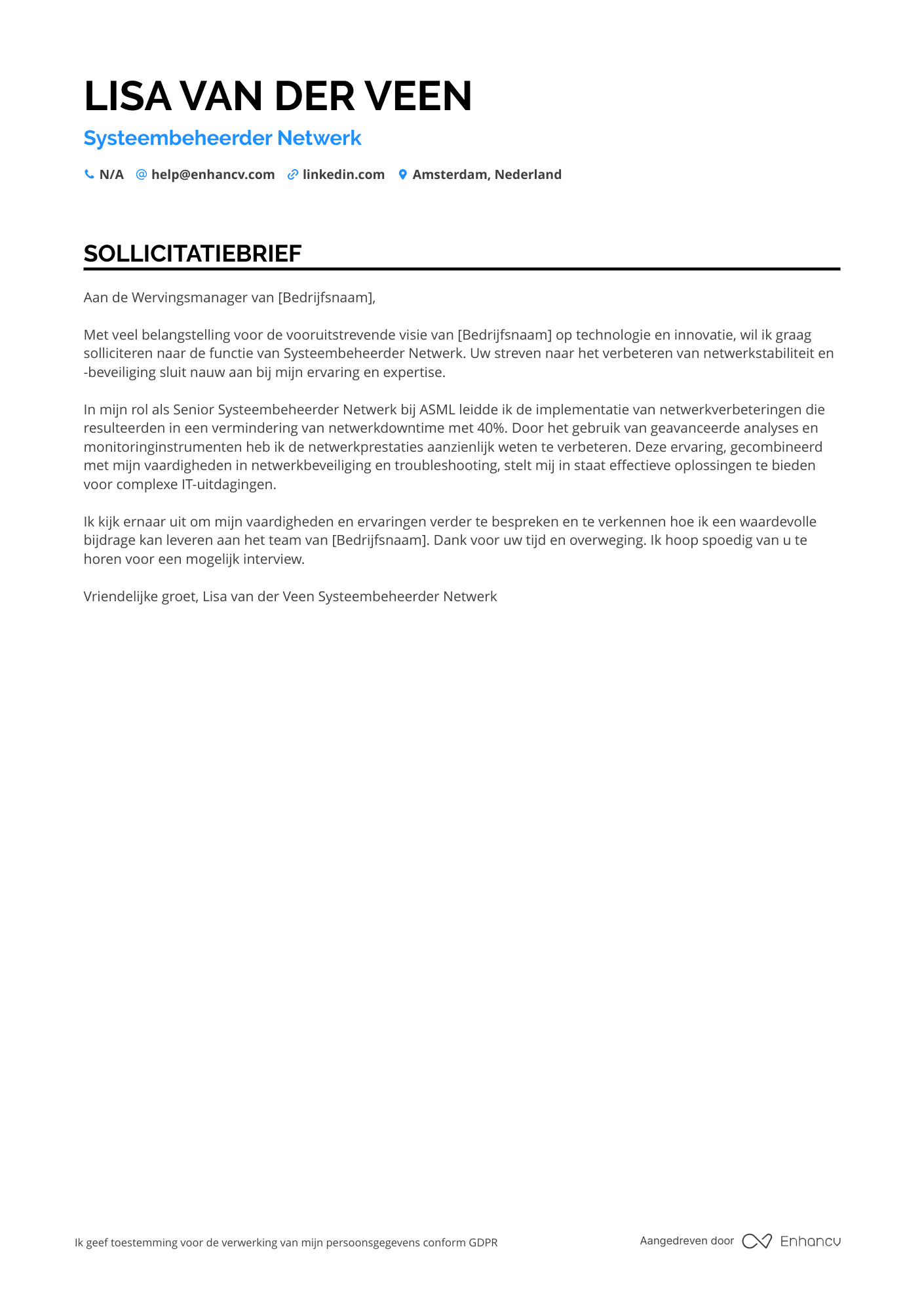 Sollicitatiebrief voor Systeembeheerder Netwerk