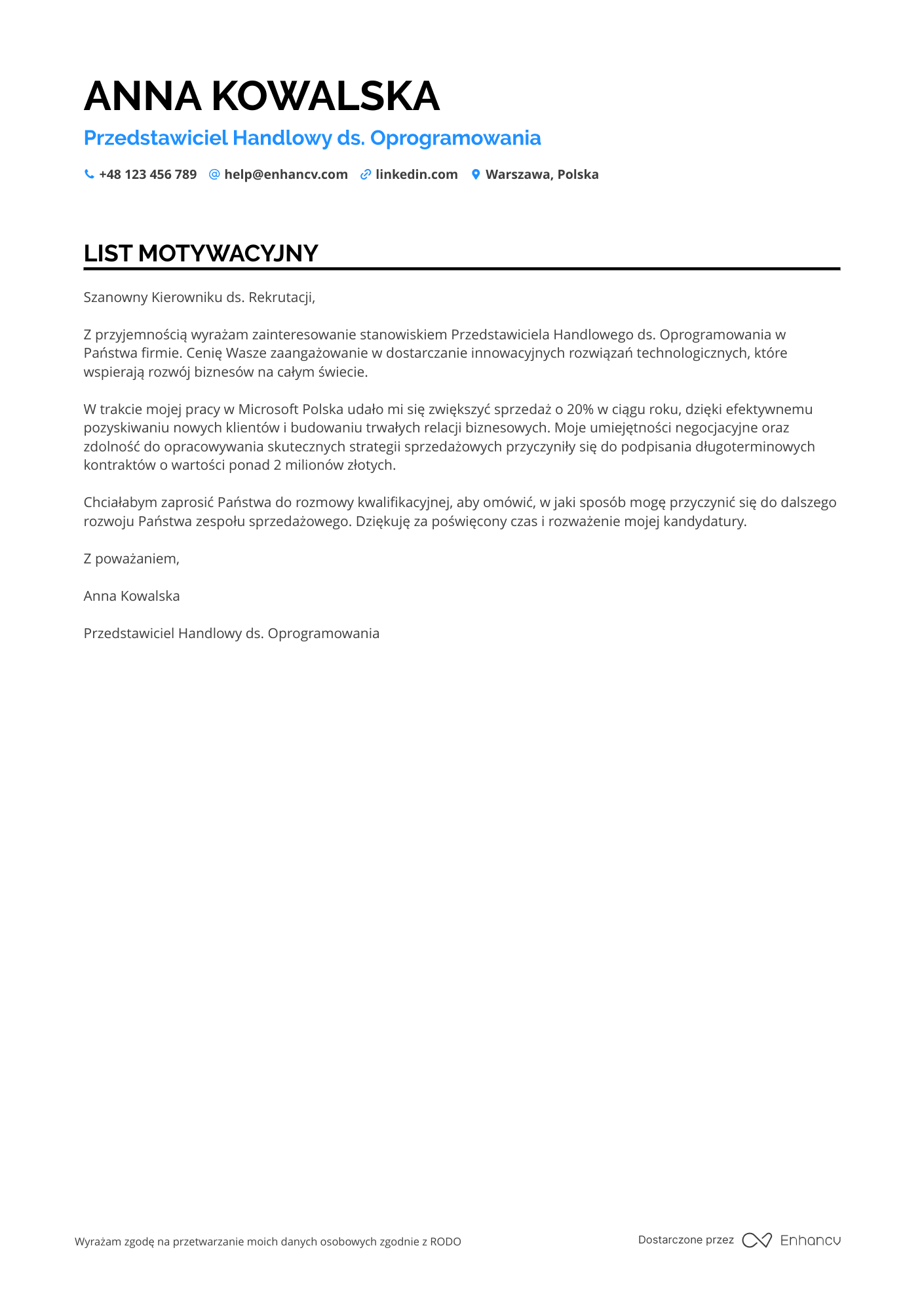 List motywacyjny dla Przedstawiciel Handlowy ds. Oprogramowania