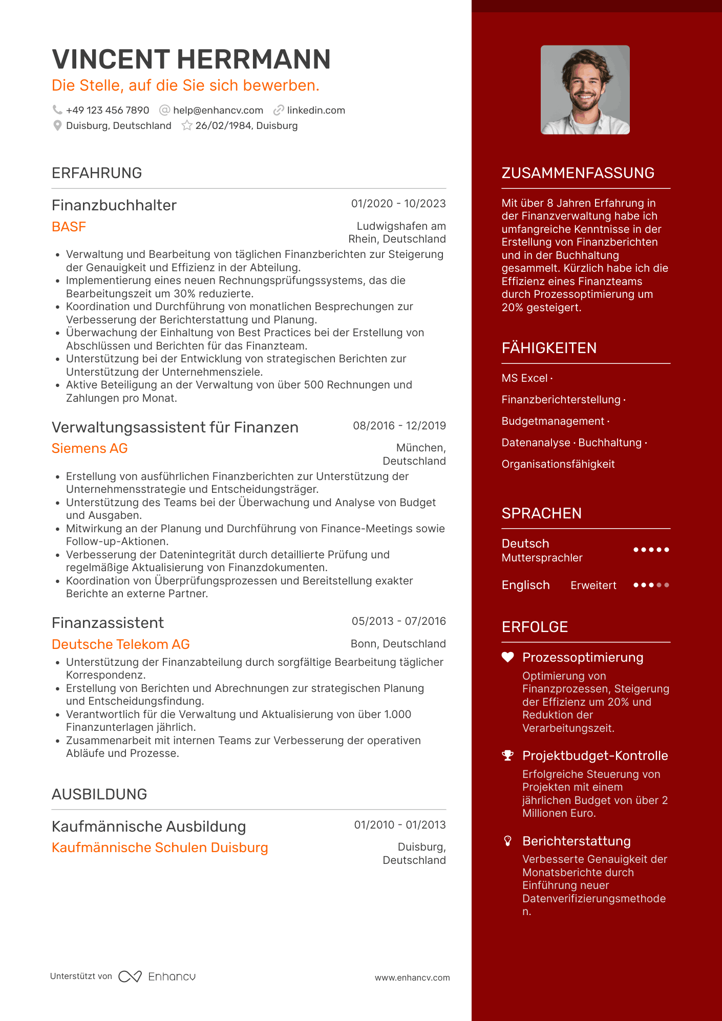 Lebenslauf als Verwaltungsassistent für Finanzen