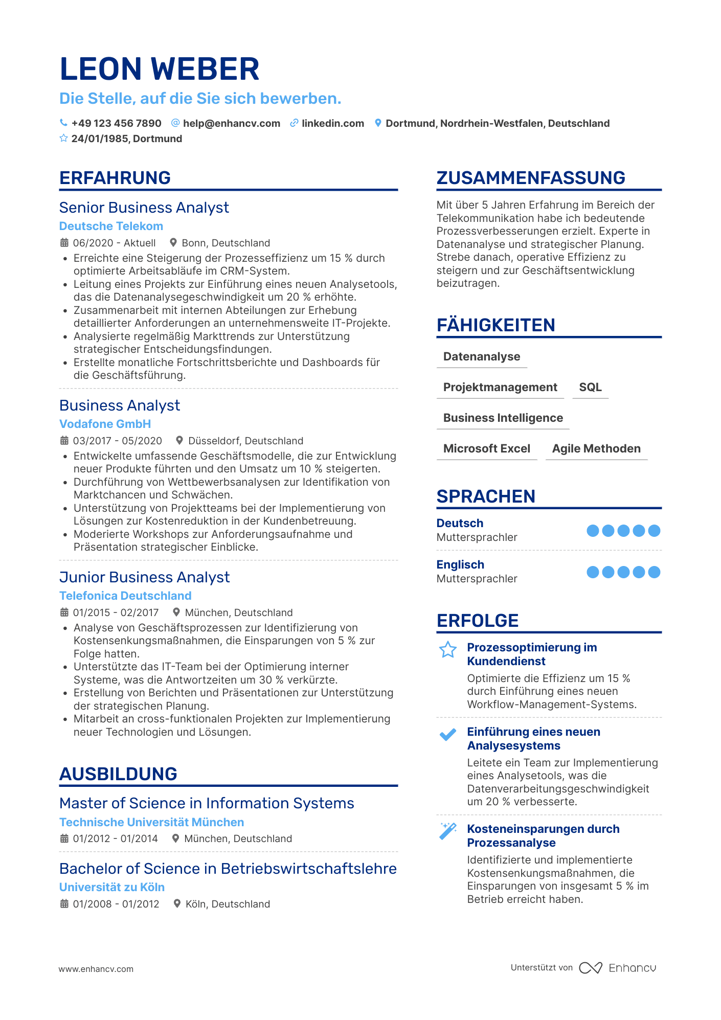 Lebenslauf in Business Analyst für Telekommunikation