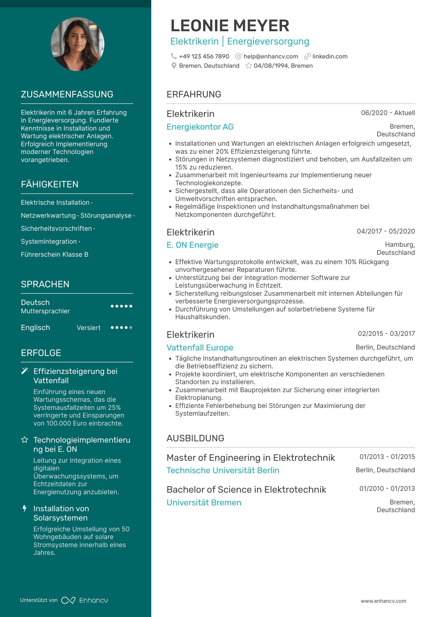 Lebenslauf in Elektriker in der Energieversorgung