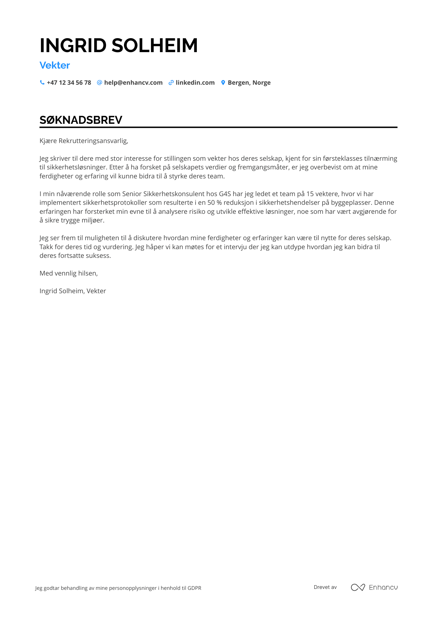 Søknadsbrev for Vekter for bygg og anlegg