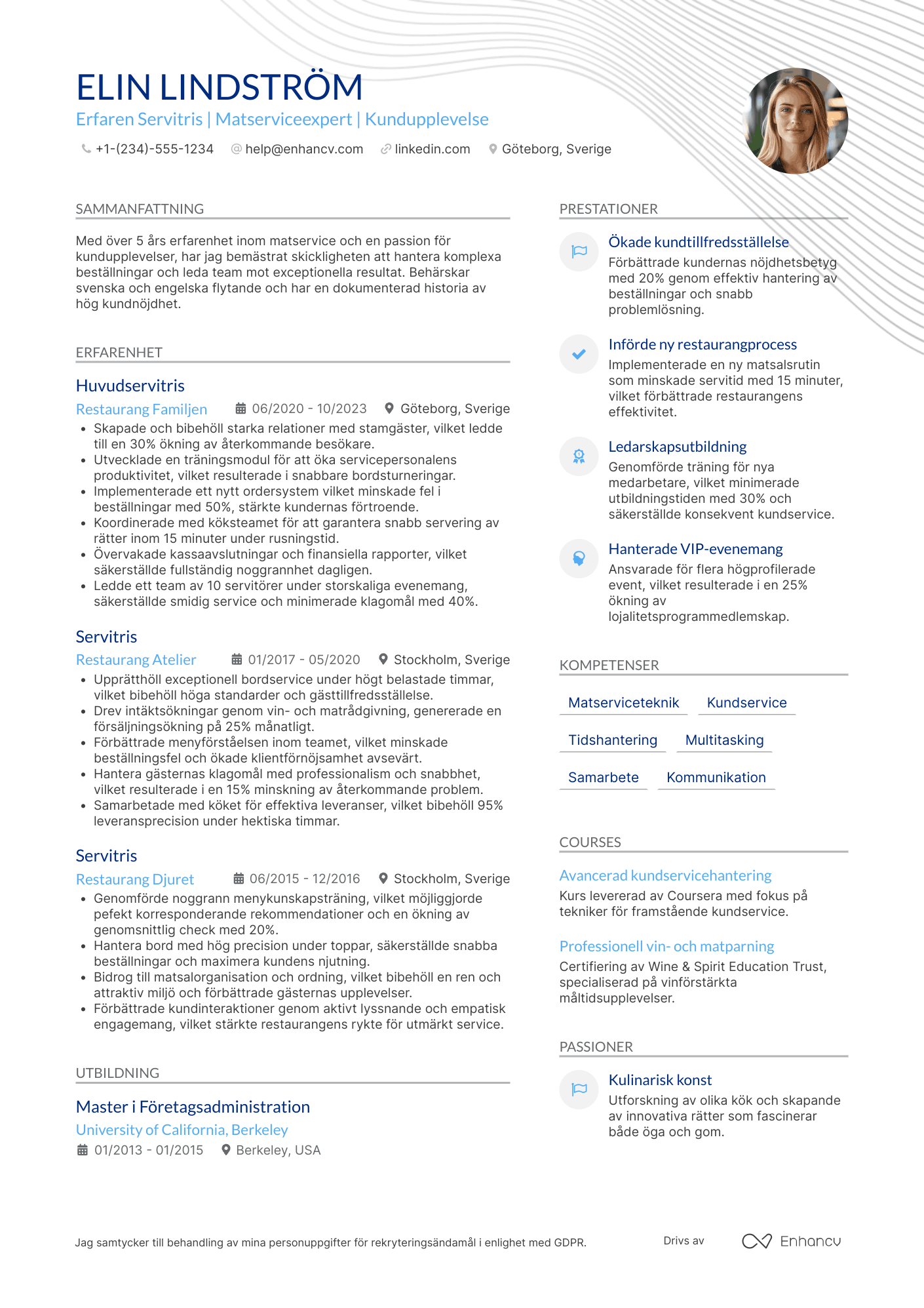 CV för Erfaren Servitris