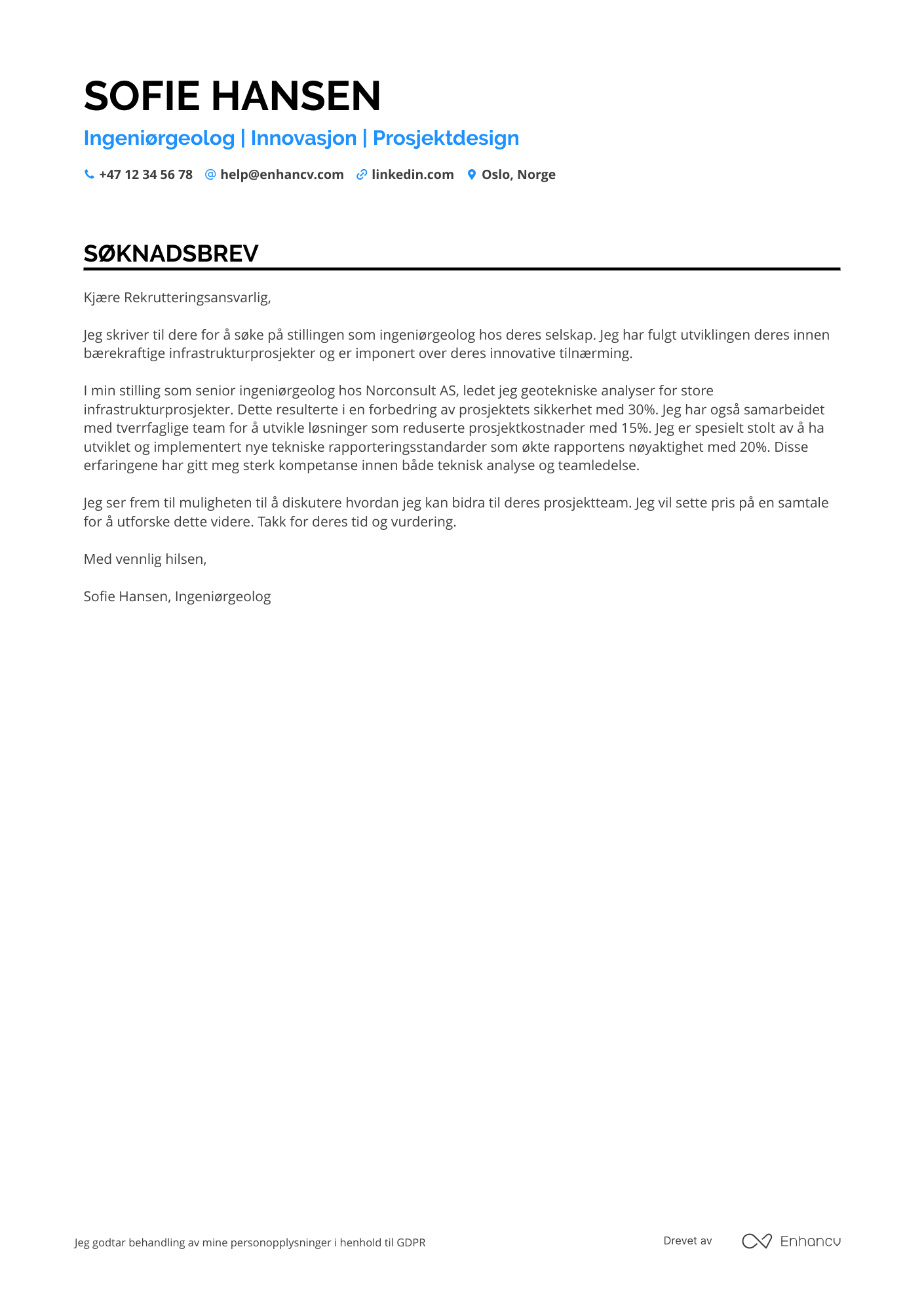 Søknadsbrev for Ingeniørgeolog