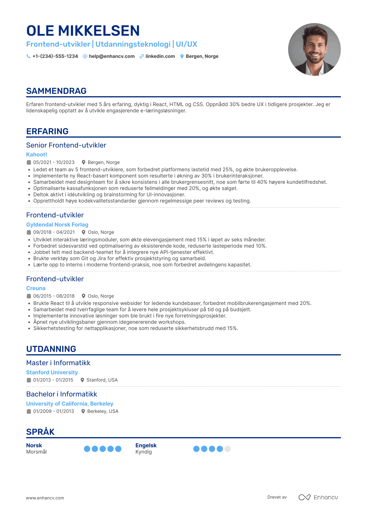 CV for Frontend‑utvikler innen e læring