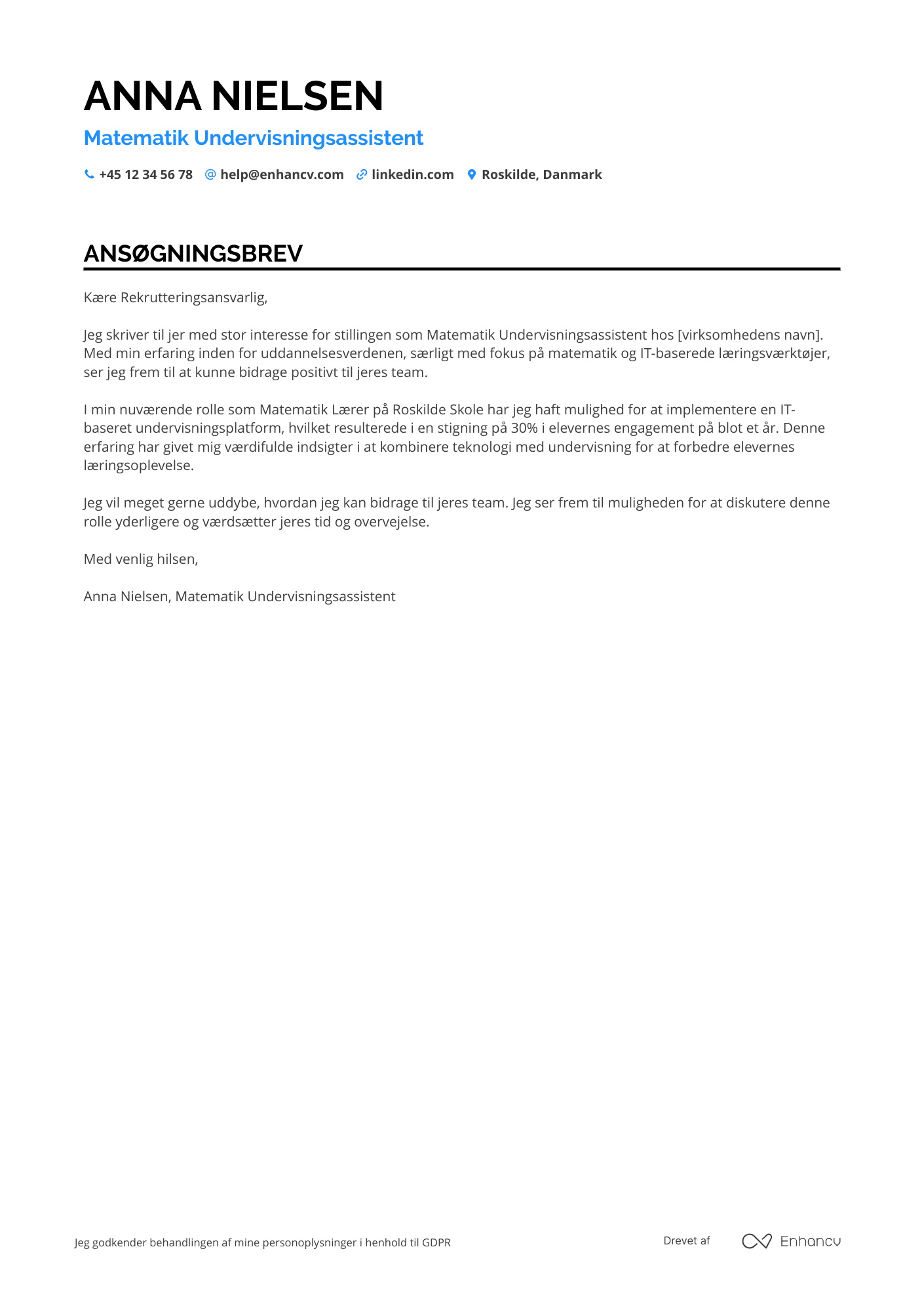 Ansøgningsbrev til Matematik undervisningsassistent