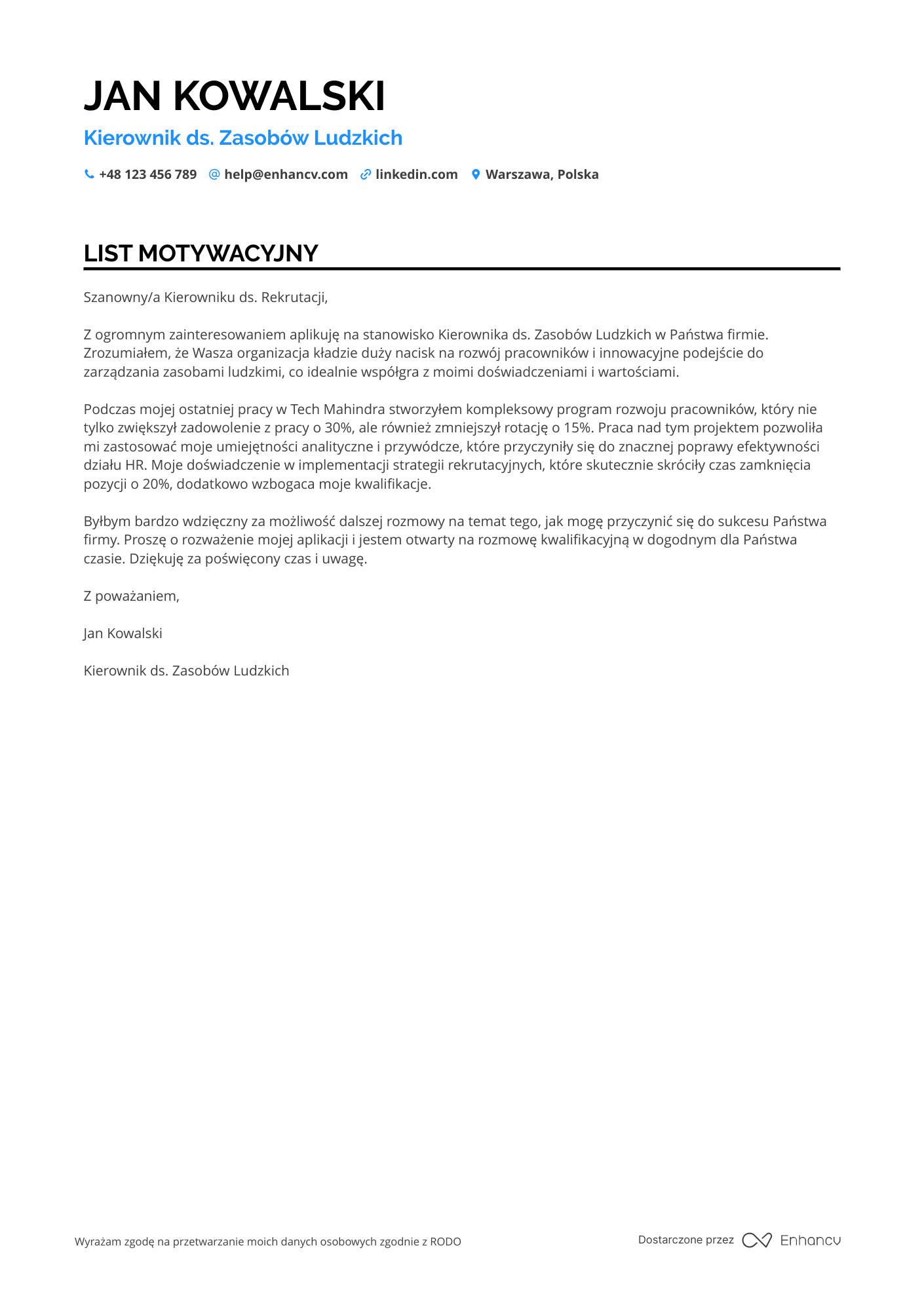 List motywacyjny dla Kierownik ds. Zasobów Ludzkich