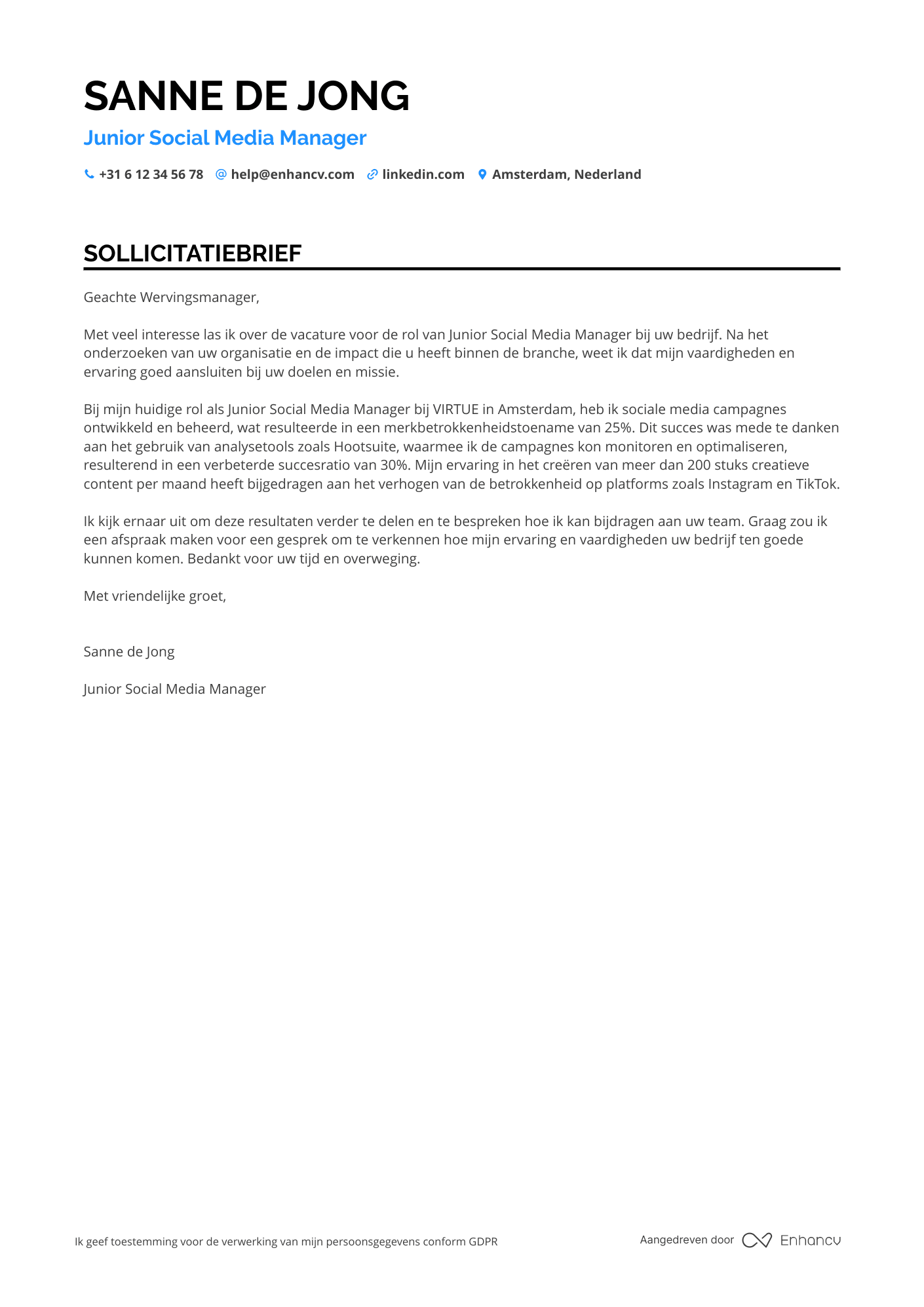 Sollicitatiebrief voor Junior Social Media Manager