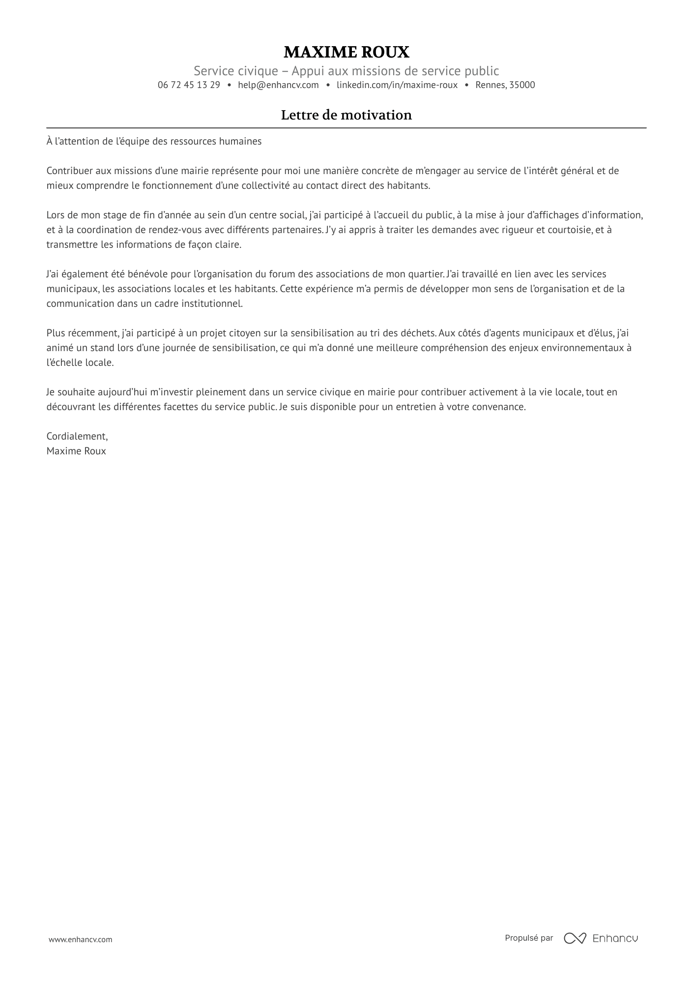 Modèle de lettre de motivation pour un service civique en mairie