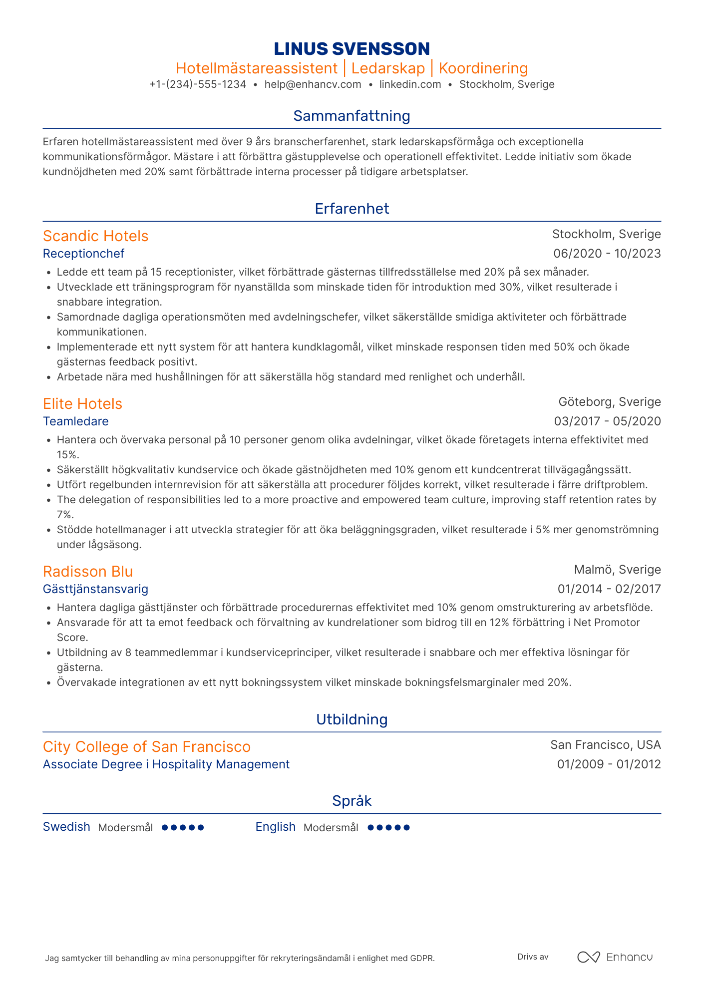 CV för Hotellmästareassistent
