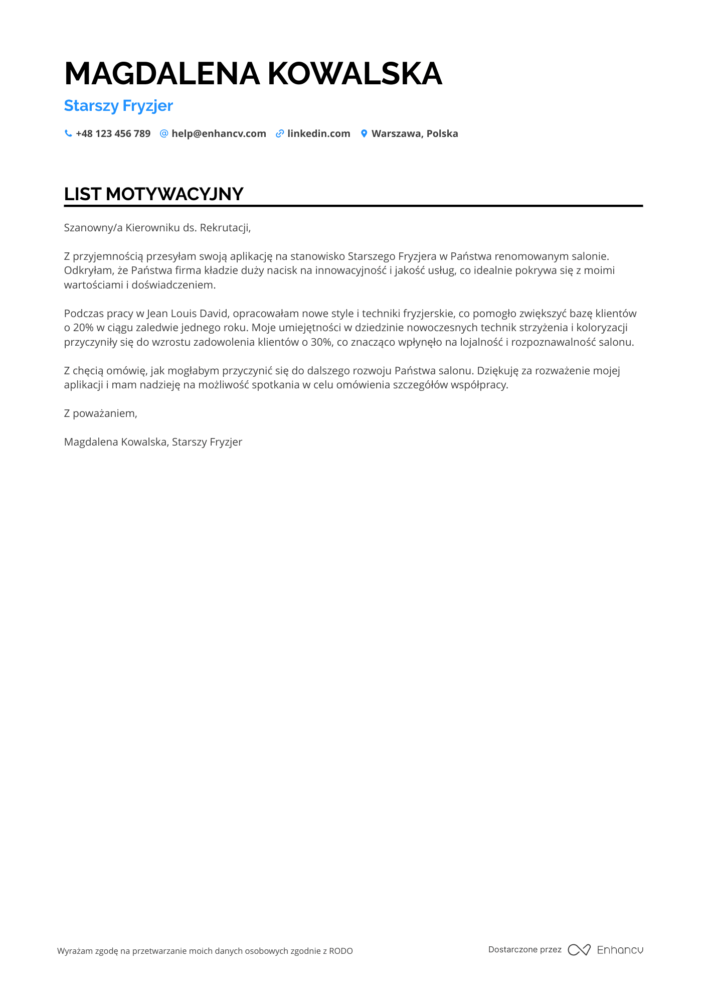 List motywacyjny dla Starszy Fryzjer
