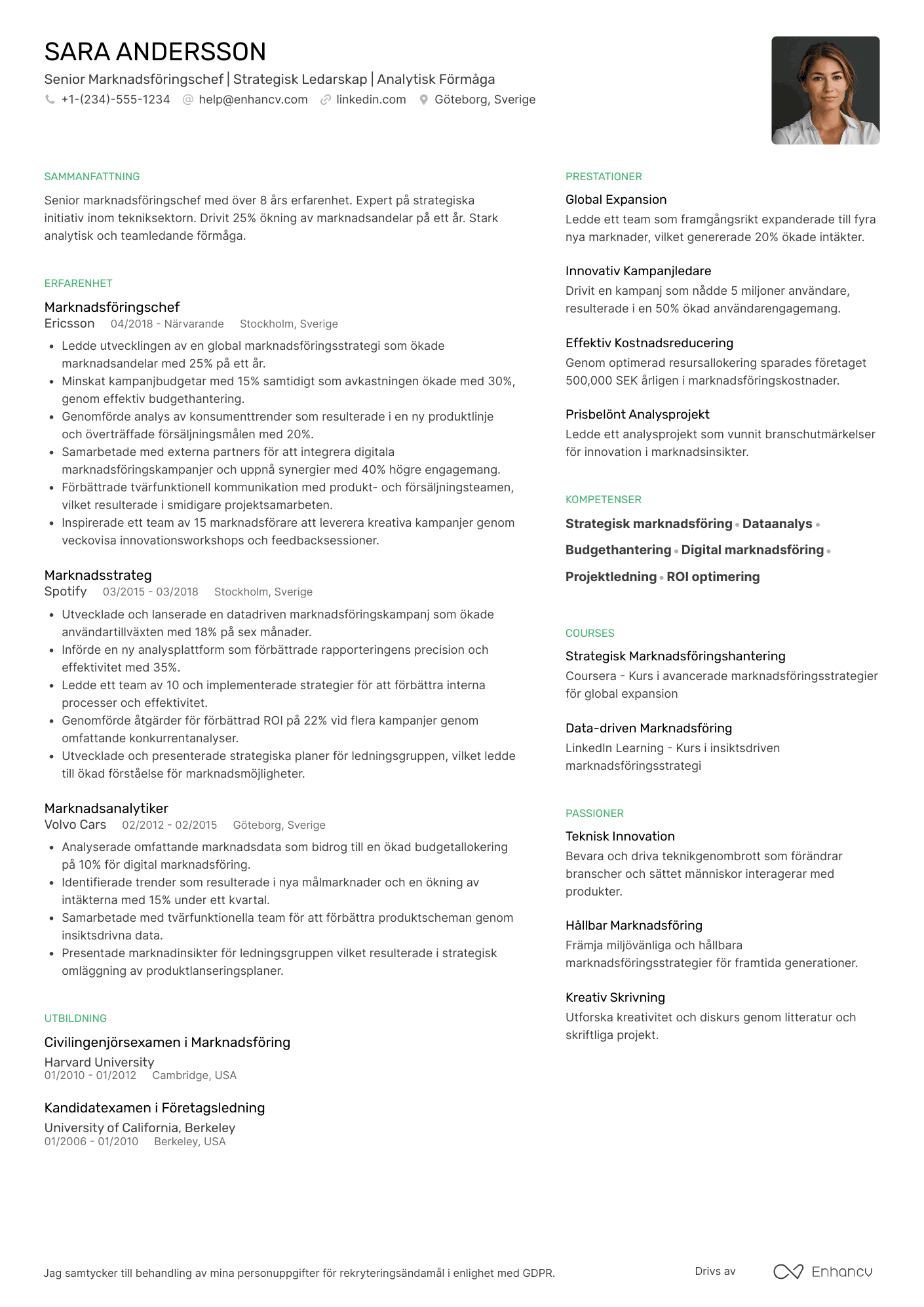CV för Senior Marknadsföringschef