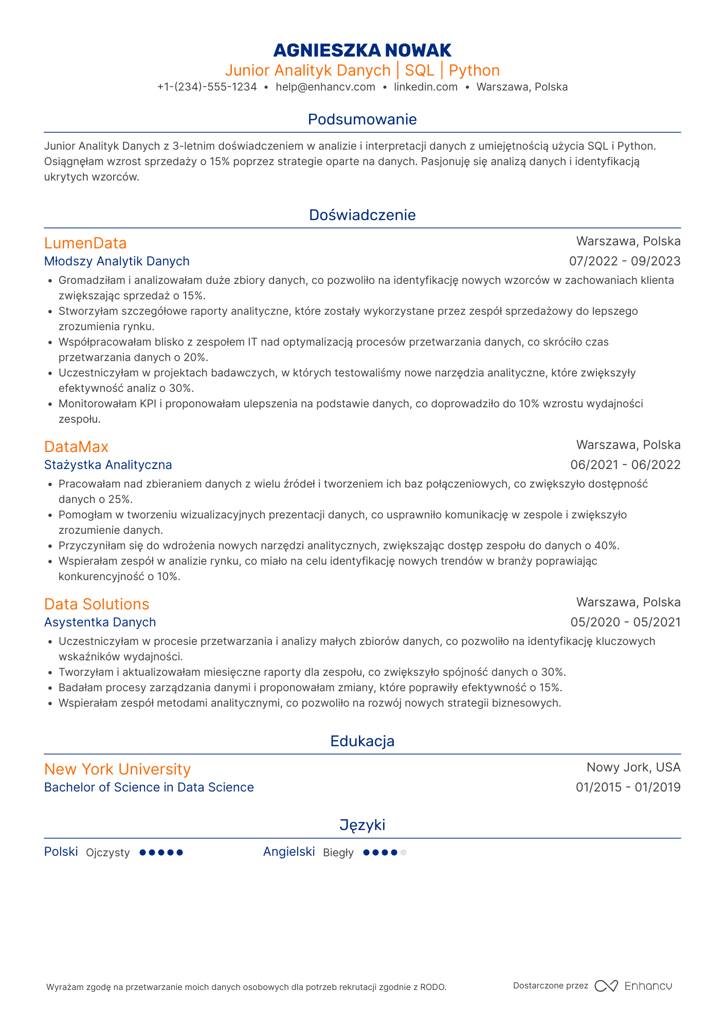 CV dla Junior Analityk Danych