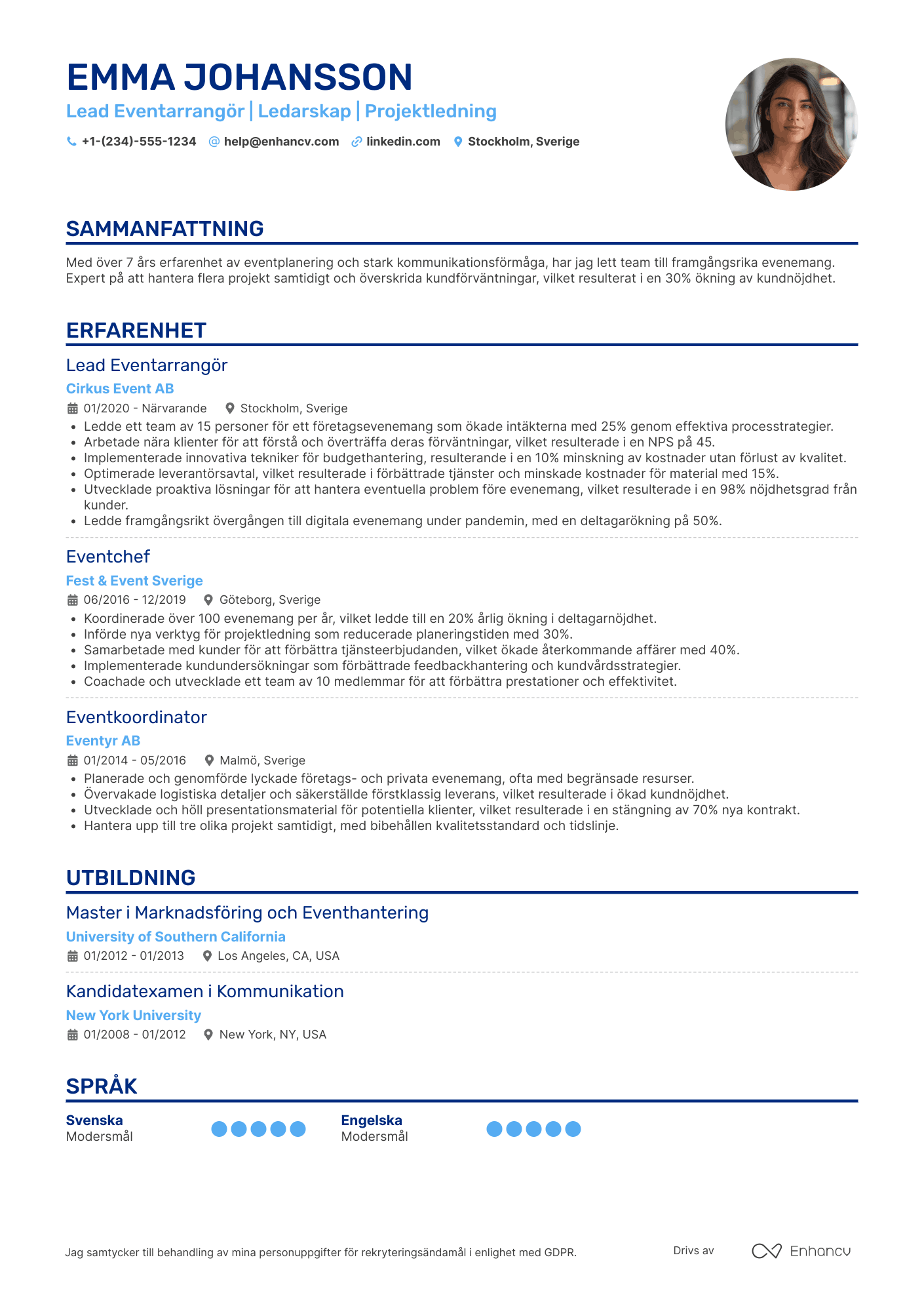 CV för Lead Eventarrangör