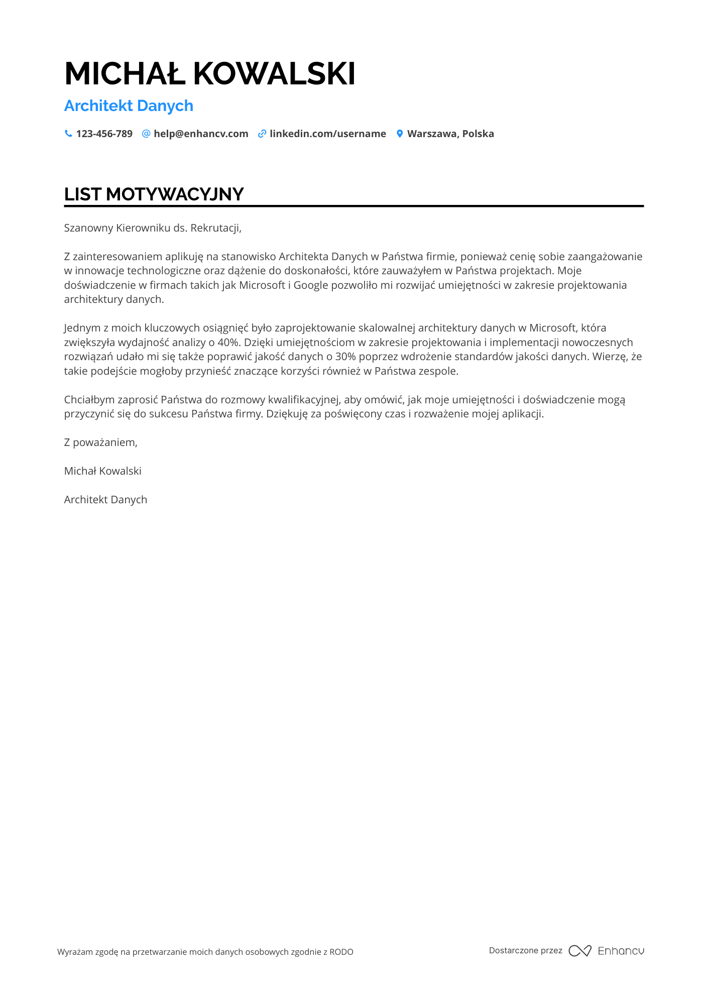 List motywacyjny dla Architekt danych