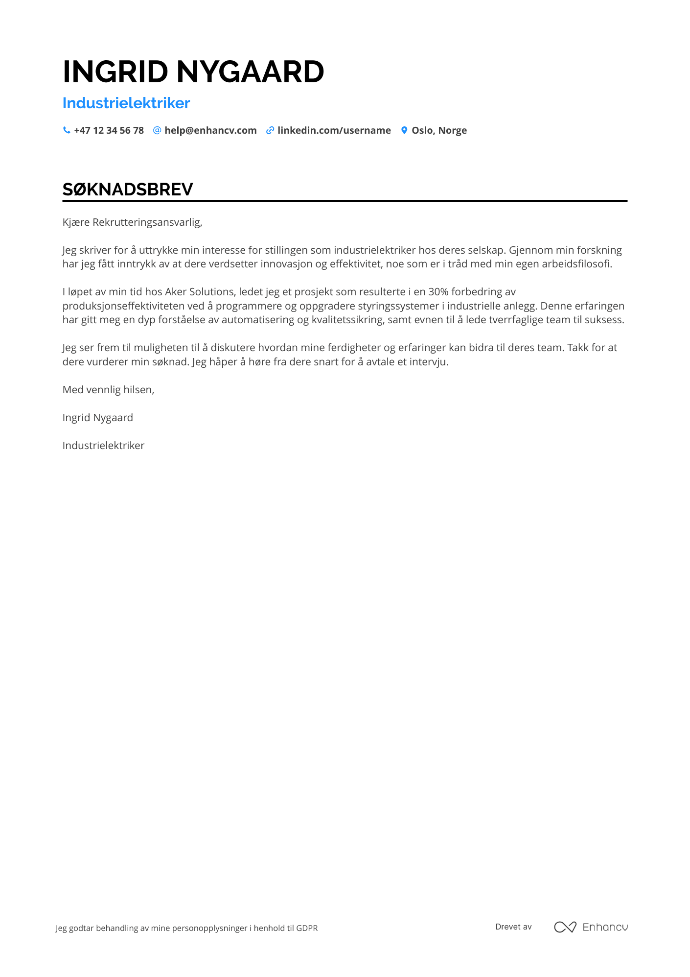 Søknadsbrev for Industrielektriker