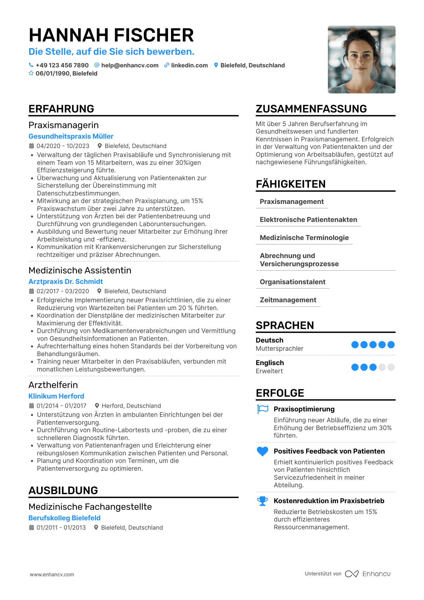 Lebenslauf als Arzthelferin mit Managementerfahrung