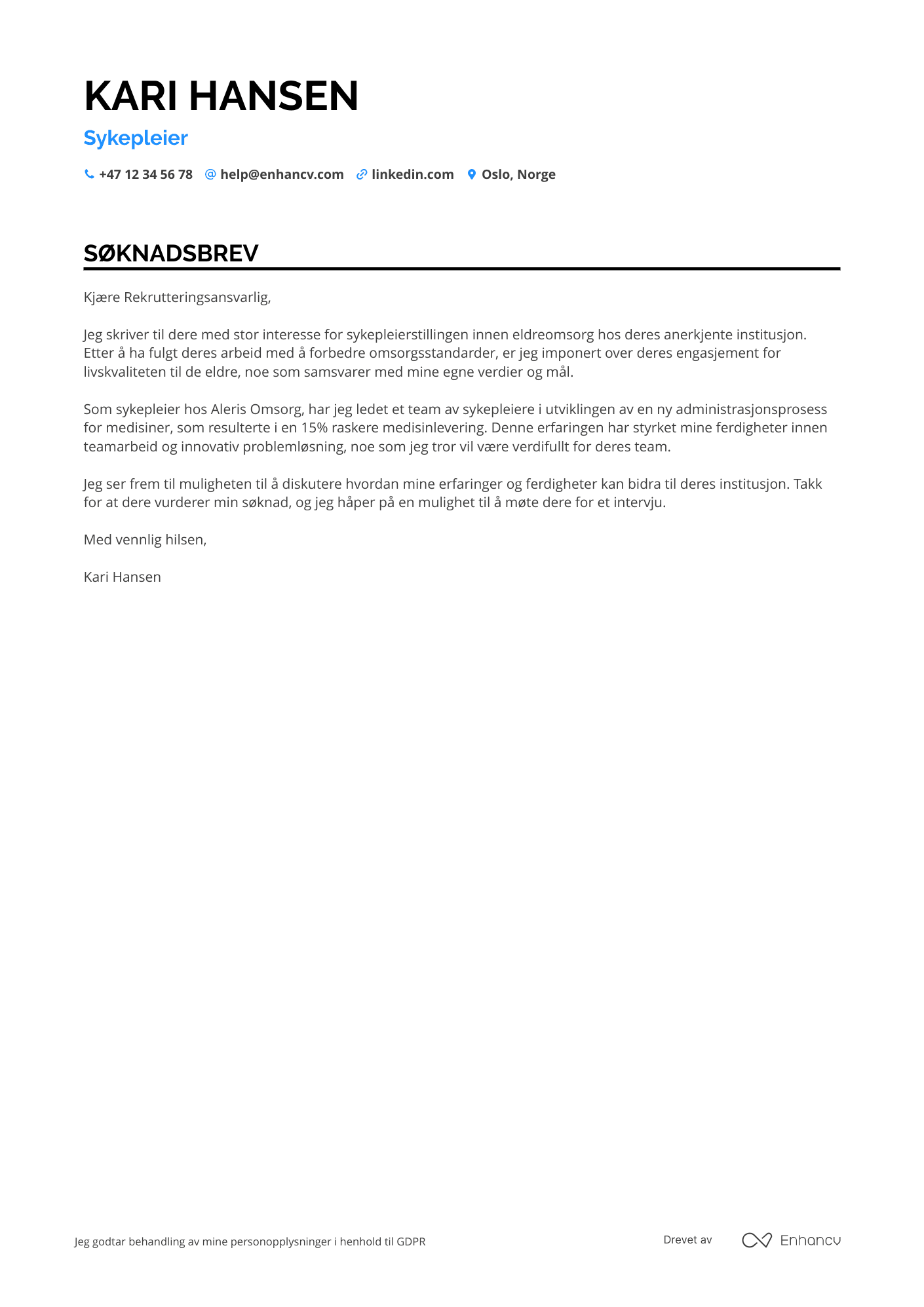 Søknadsbrev for Sykehjem Sykepleier