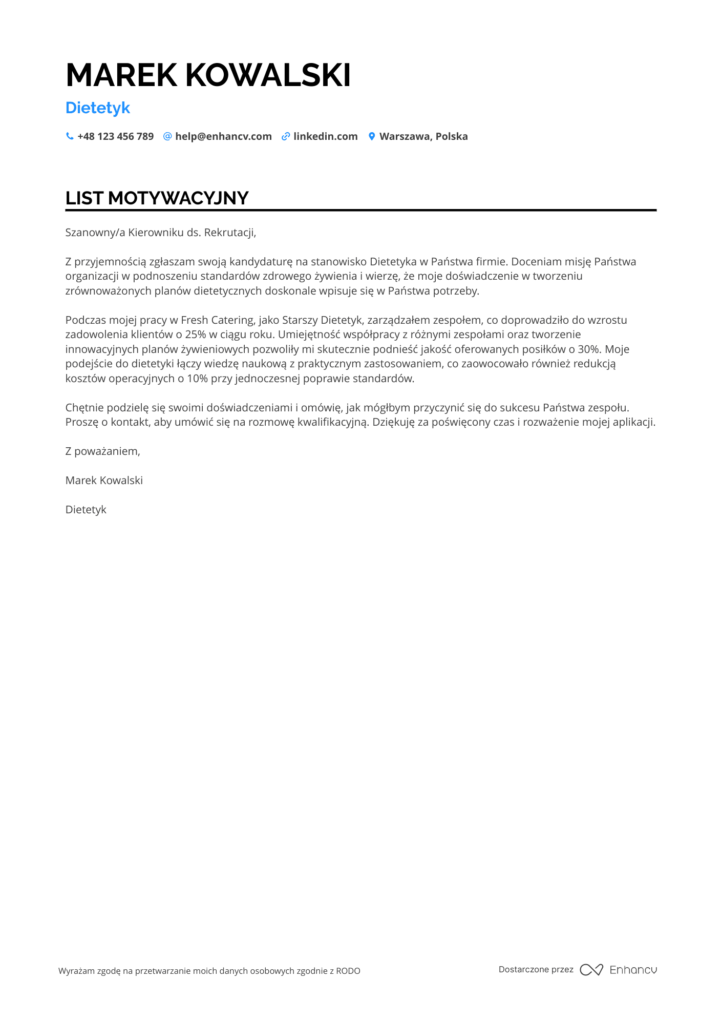 List motywacyjny dla Dietetyk w gastronomii
