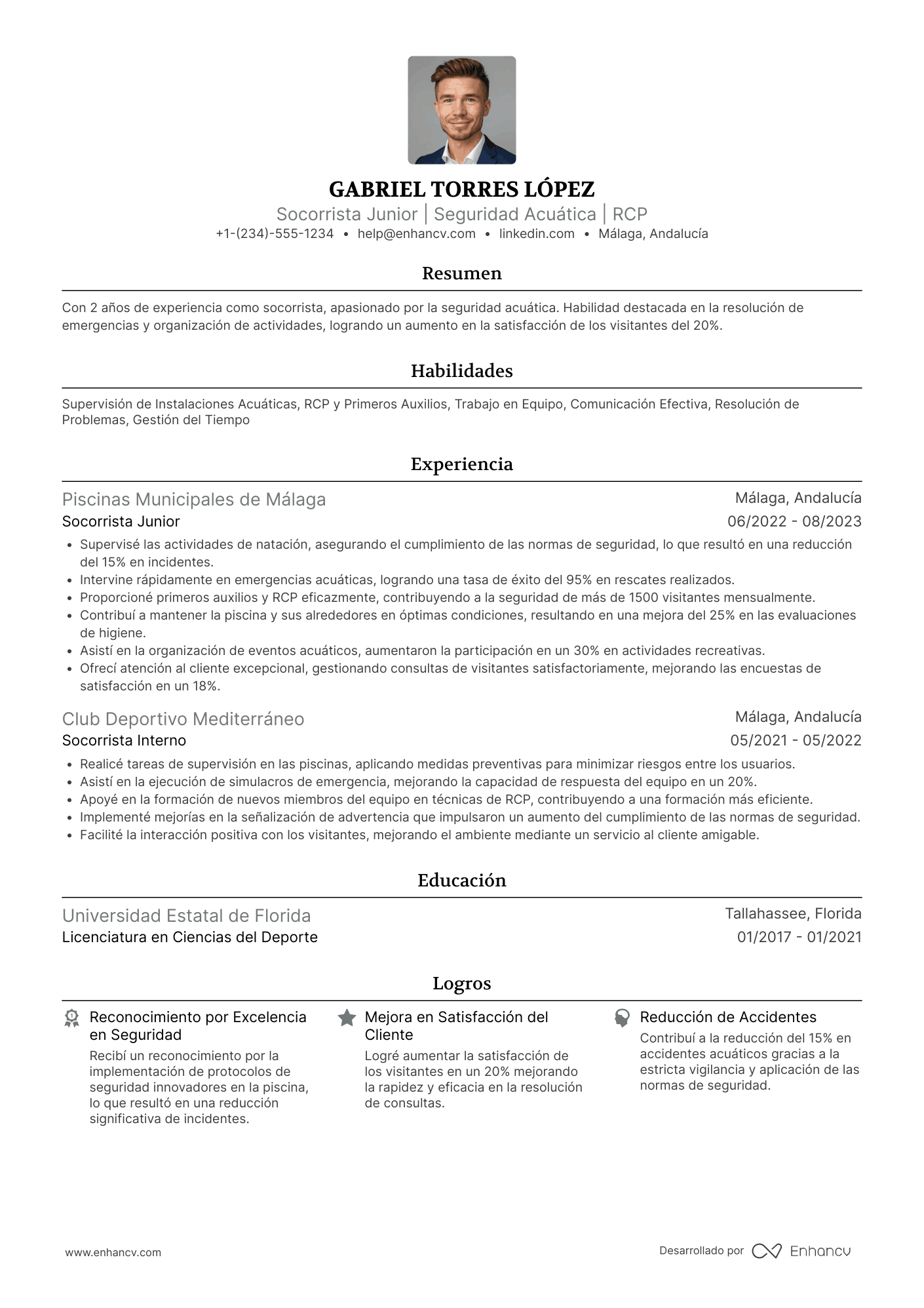 Ejemplo de CV de socorrista junior