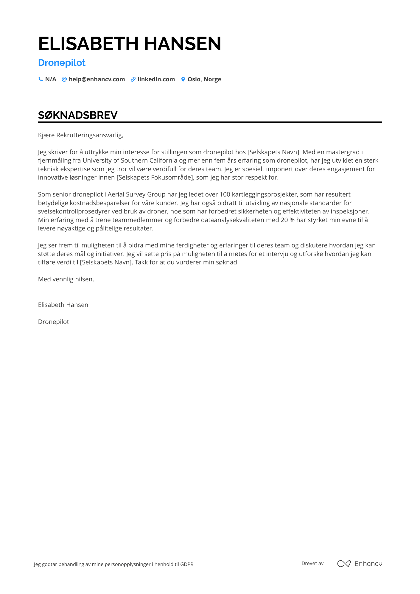 Søknadsbrev for Dronepilot