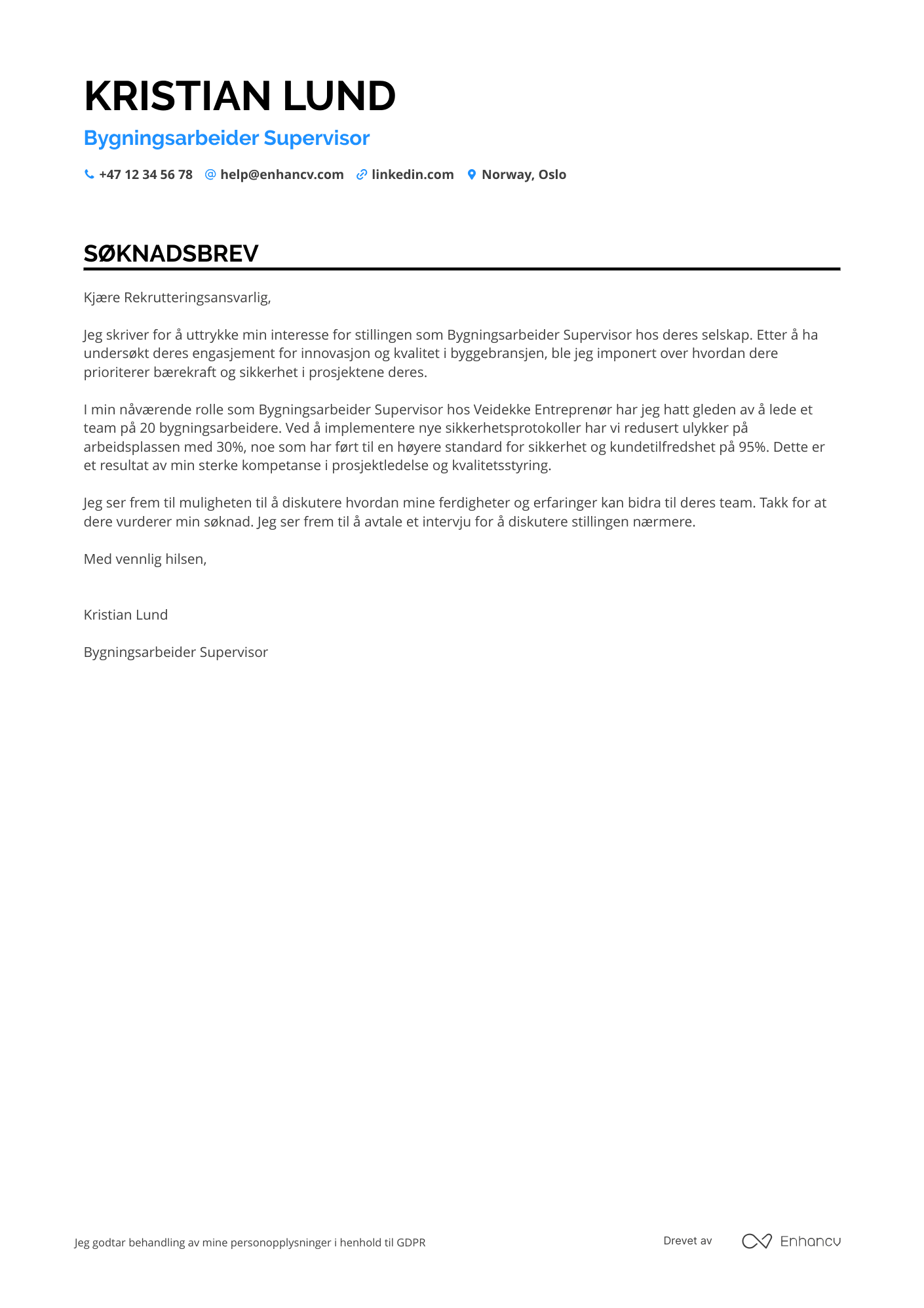 Søknadsbrev for Bygningsarbeider Supervisor
