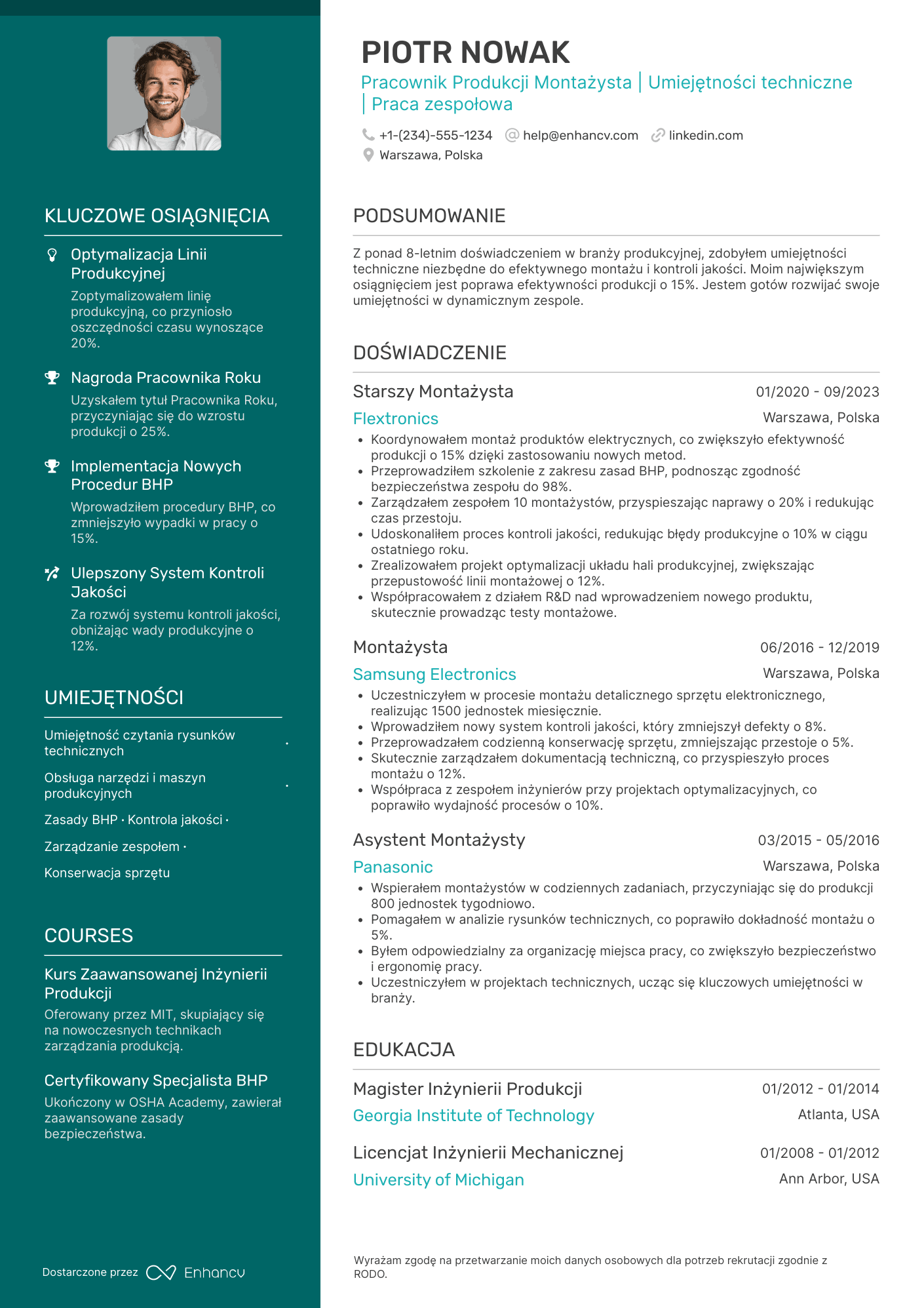 CV dla Pracownik Produkcji Montażysta