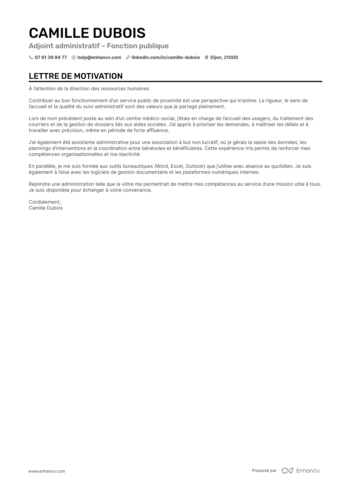Modèle de lettre de motivation pour un service public en tant qu’adjoint·e administrati·f·ve