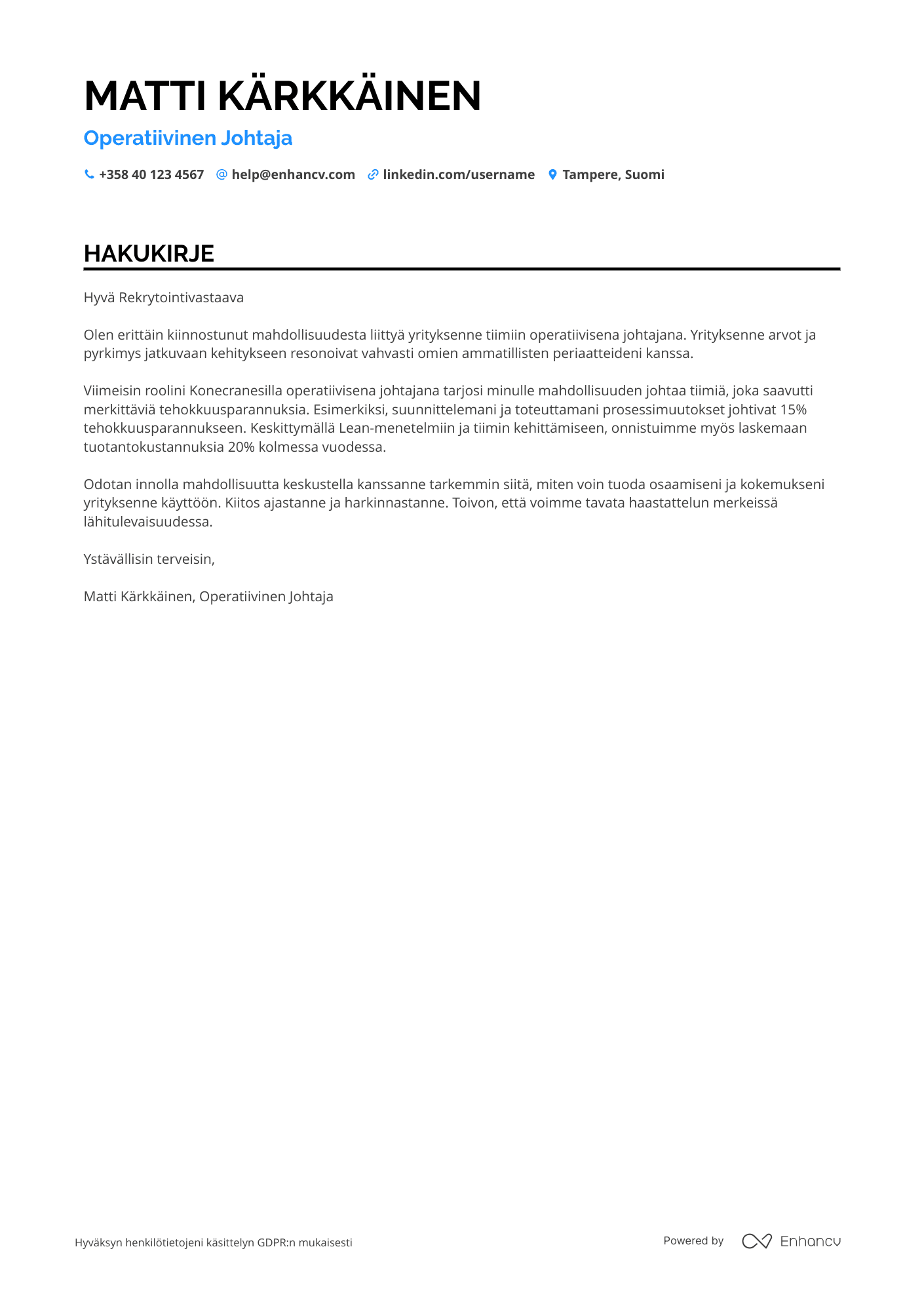 Hakukirje Teollisuustyöntekijä Operatiivinen Johtaja