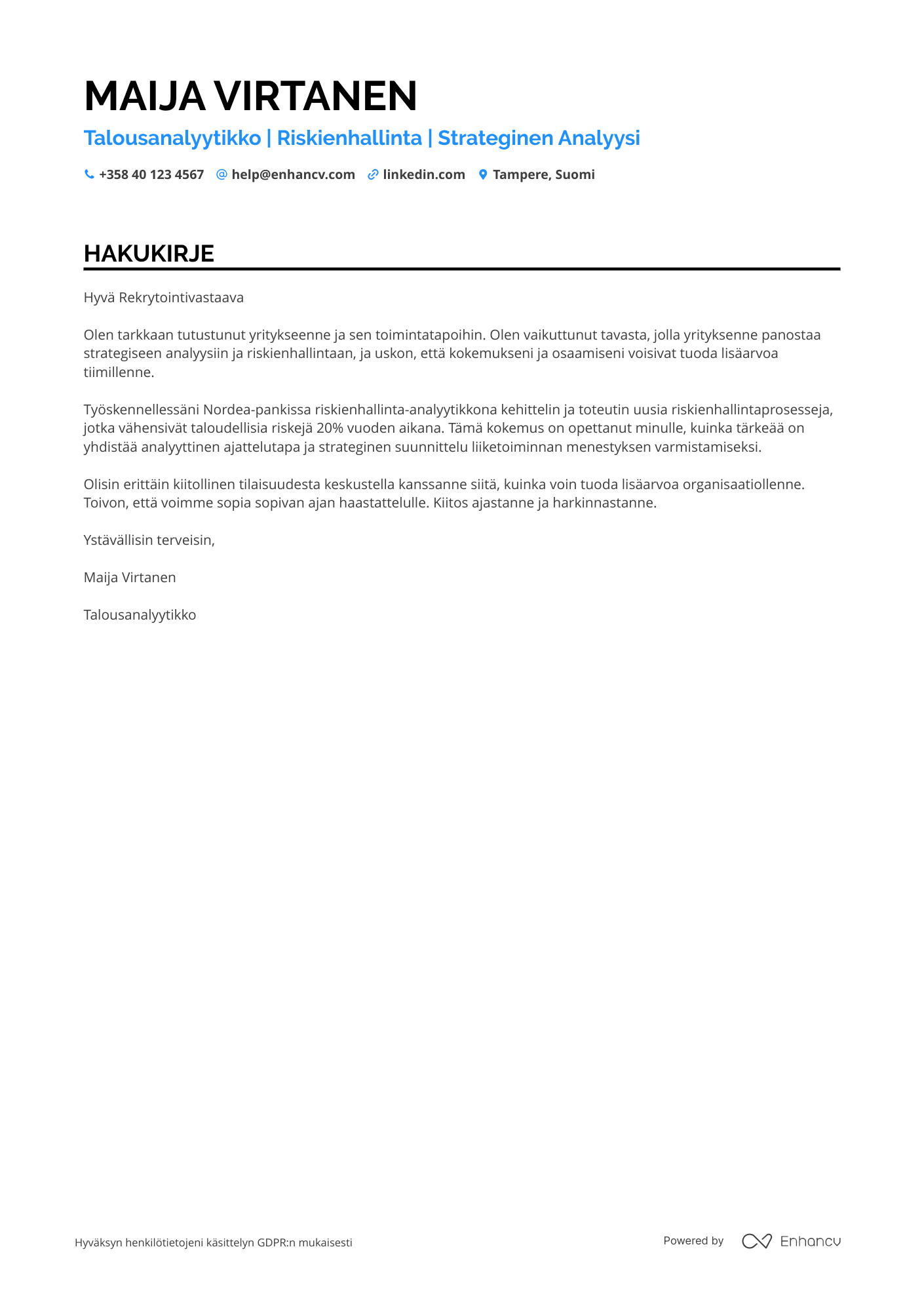 Hakukirje Riskienhallinta Talousanalyytikko
