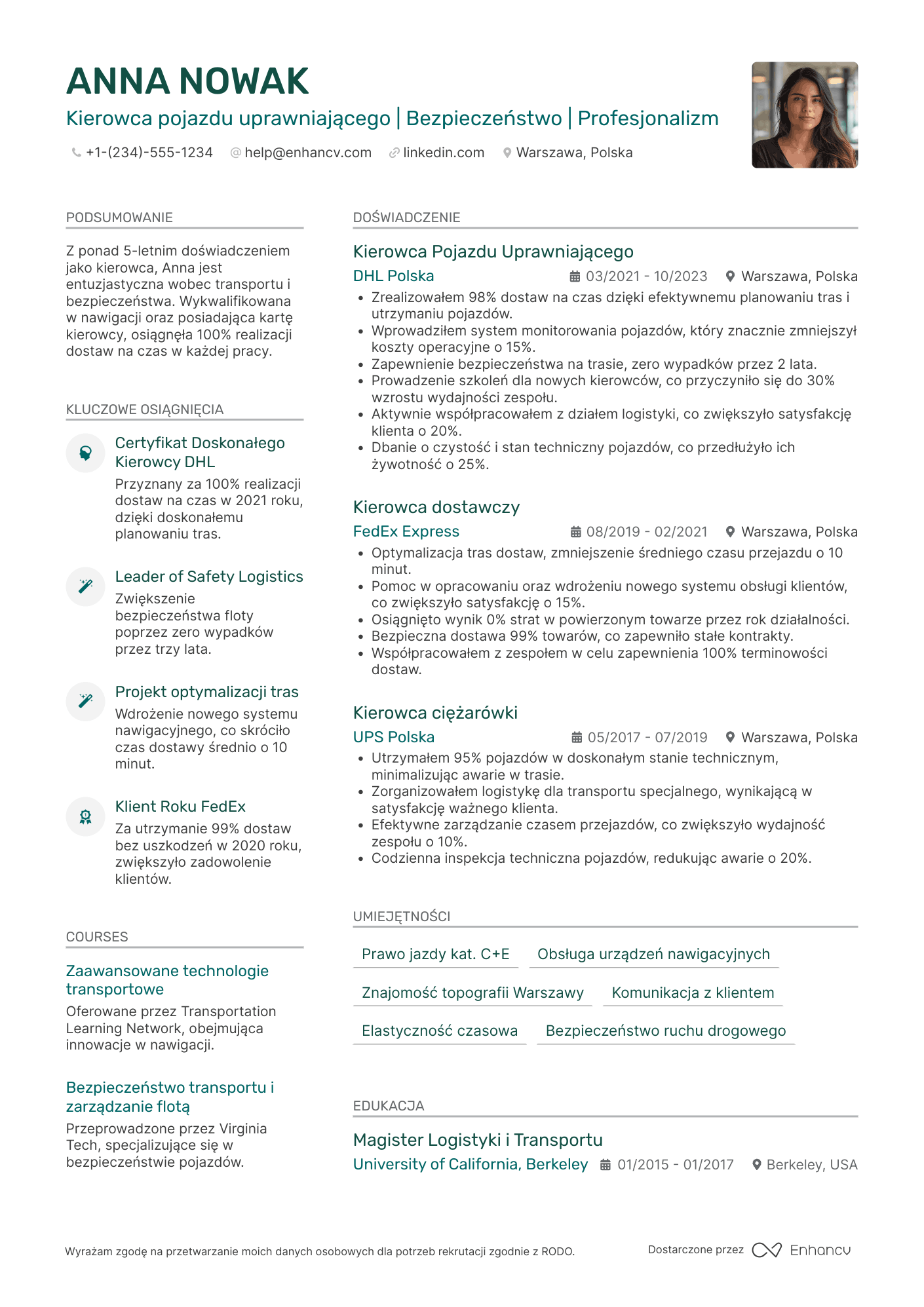 CV dla Kierowca pojazdu uprawniającego