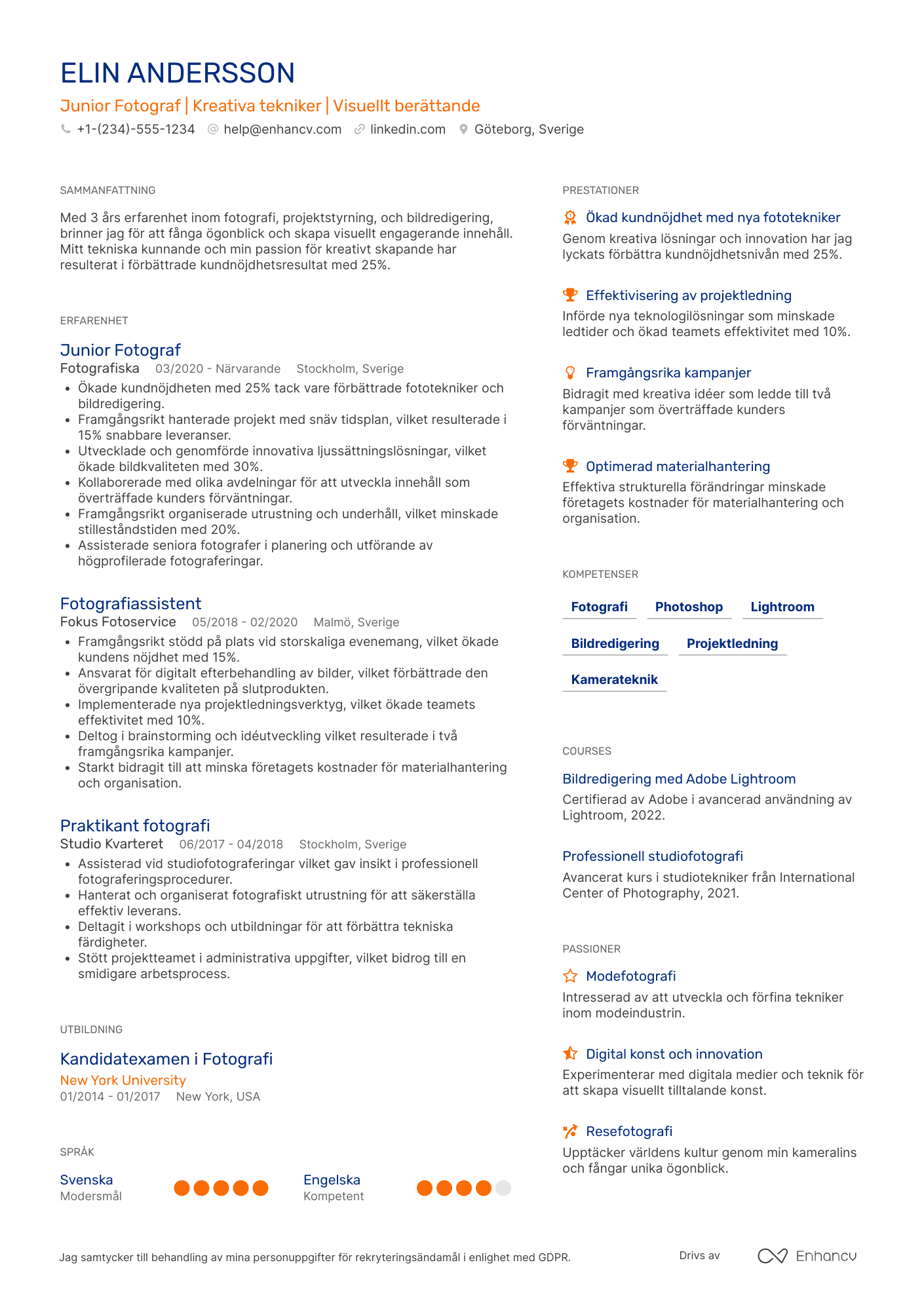 CV för Junior Fotograf