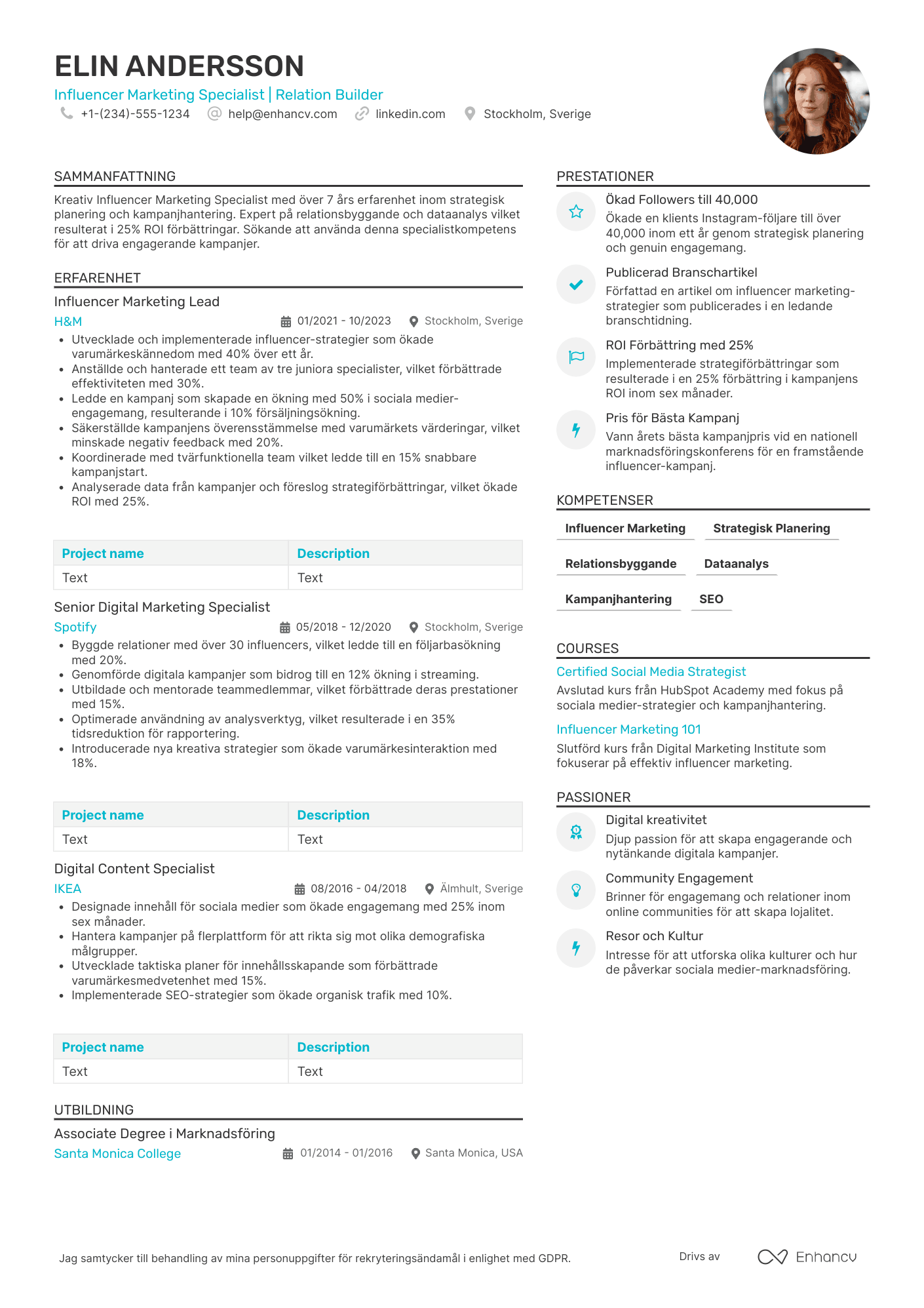 CV för Influencer Marketing Specialist