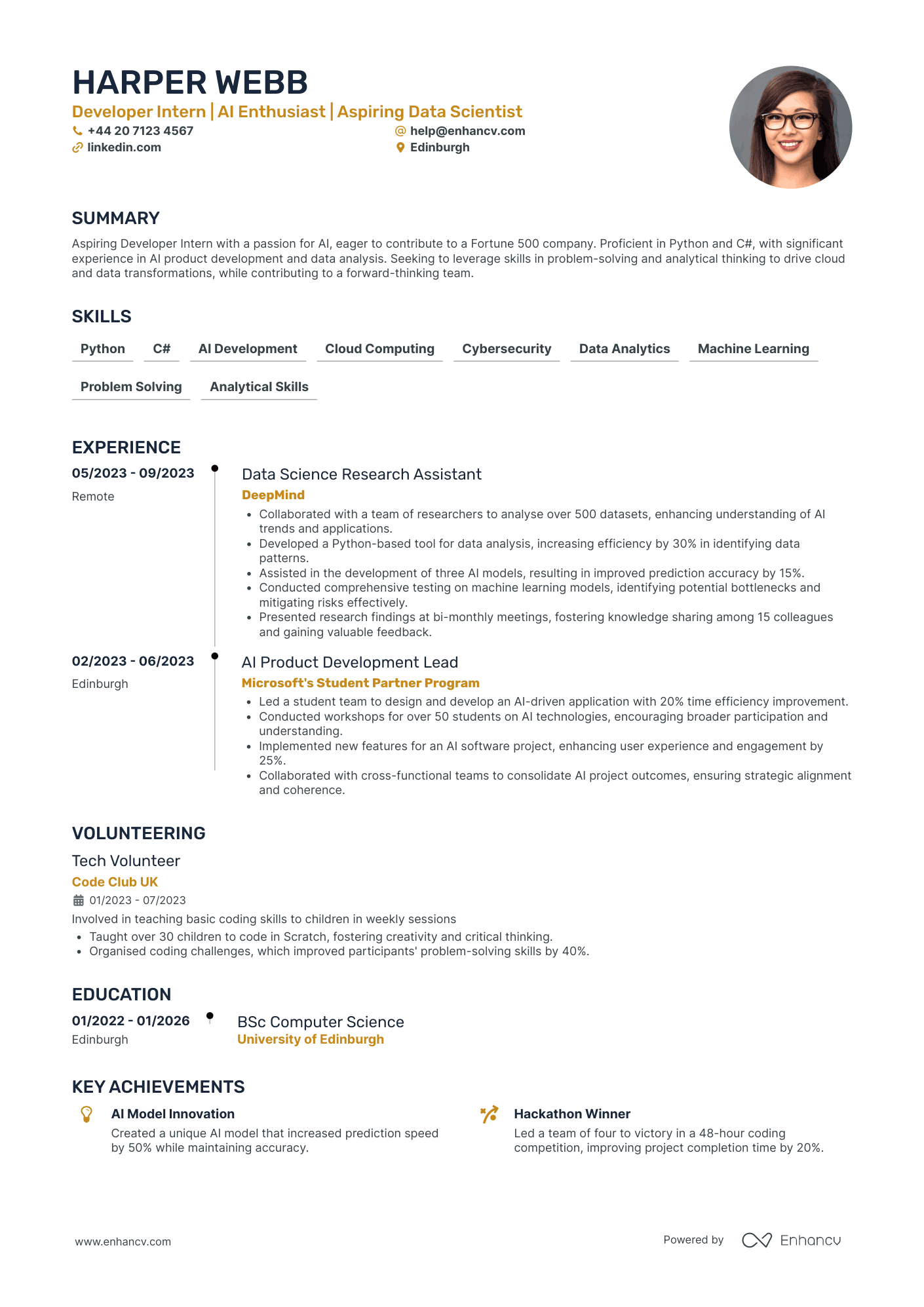 Game Developer Intern CV Examples