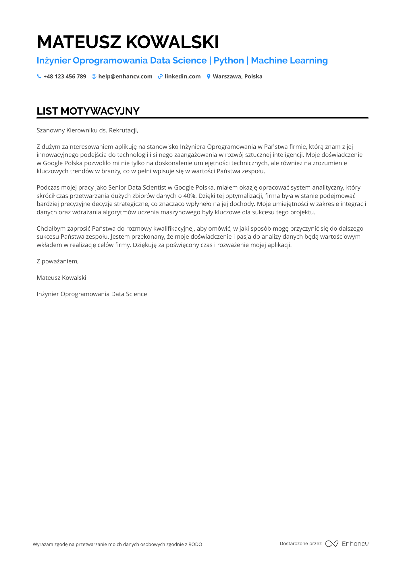 List motywacyjny dla Data Science Software Engineer