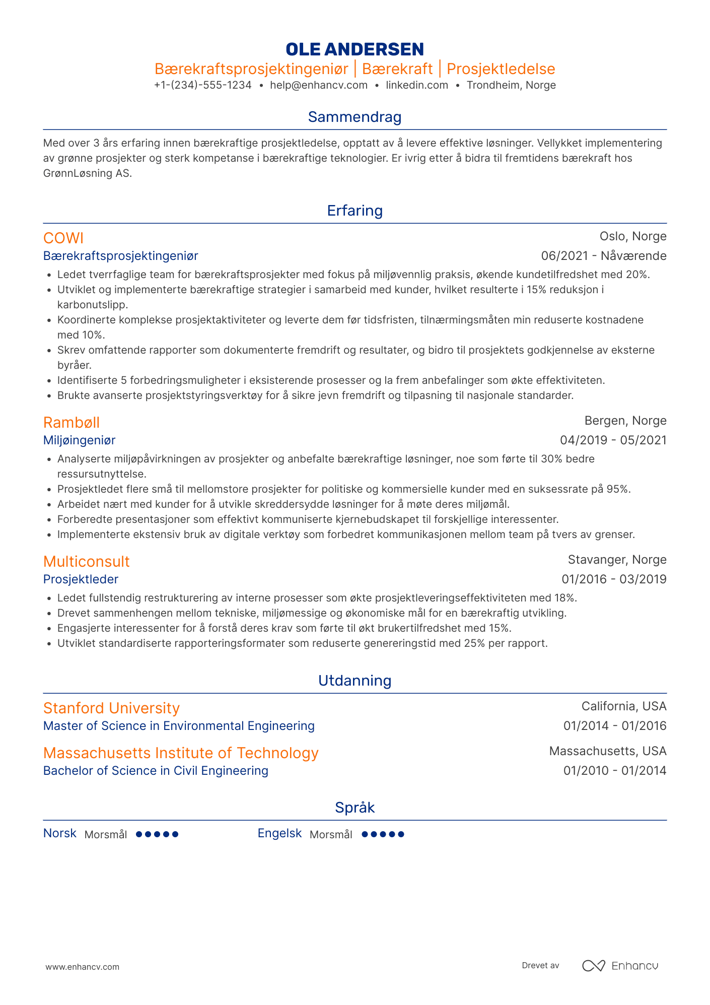CV for Bærekraftsprosjektingeniør Rådgiver
