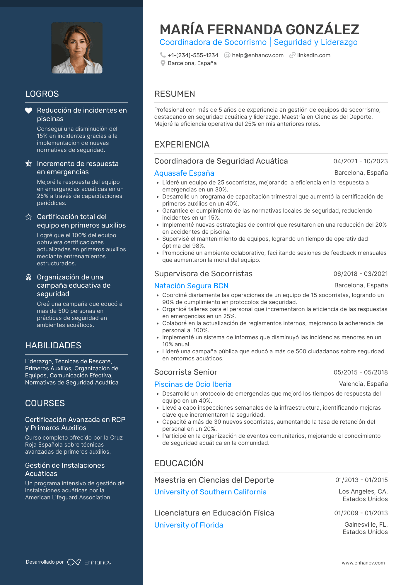 Ejemplo de CV de coordinador o responsable de socorrismo