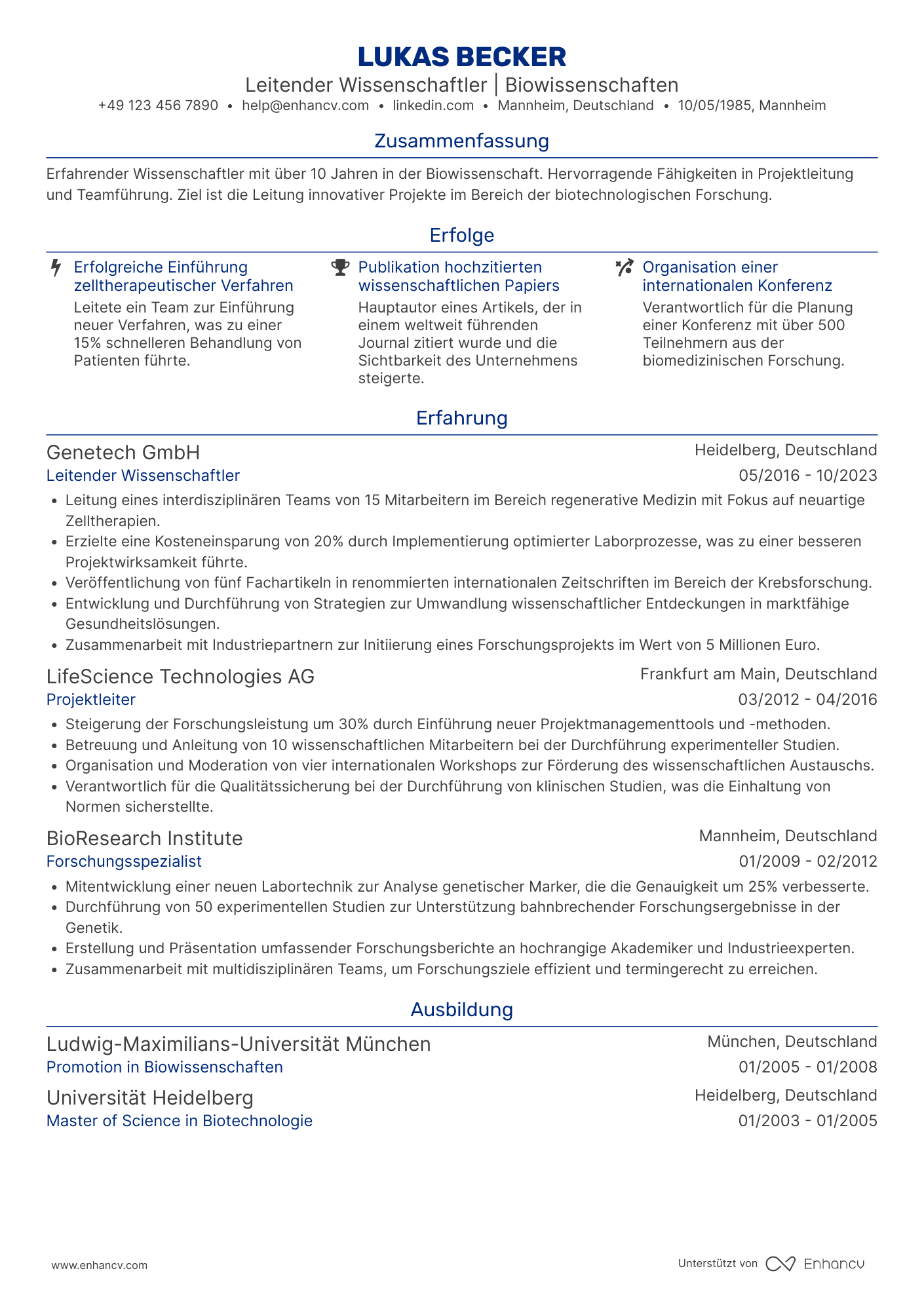 Lebenslauf als Leitender Wissenschaftler