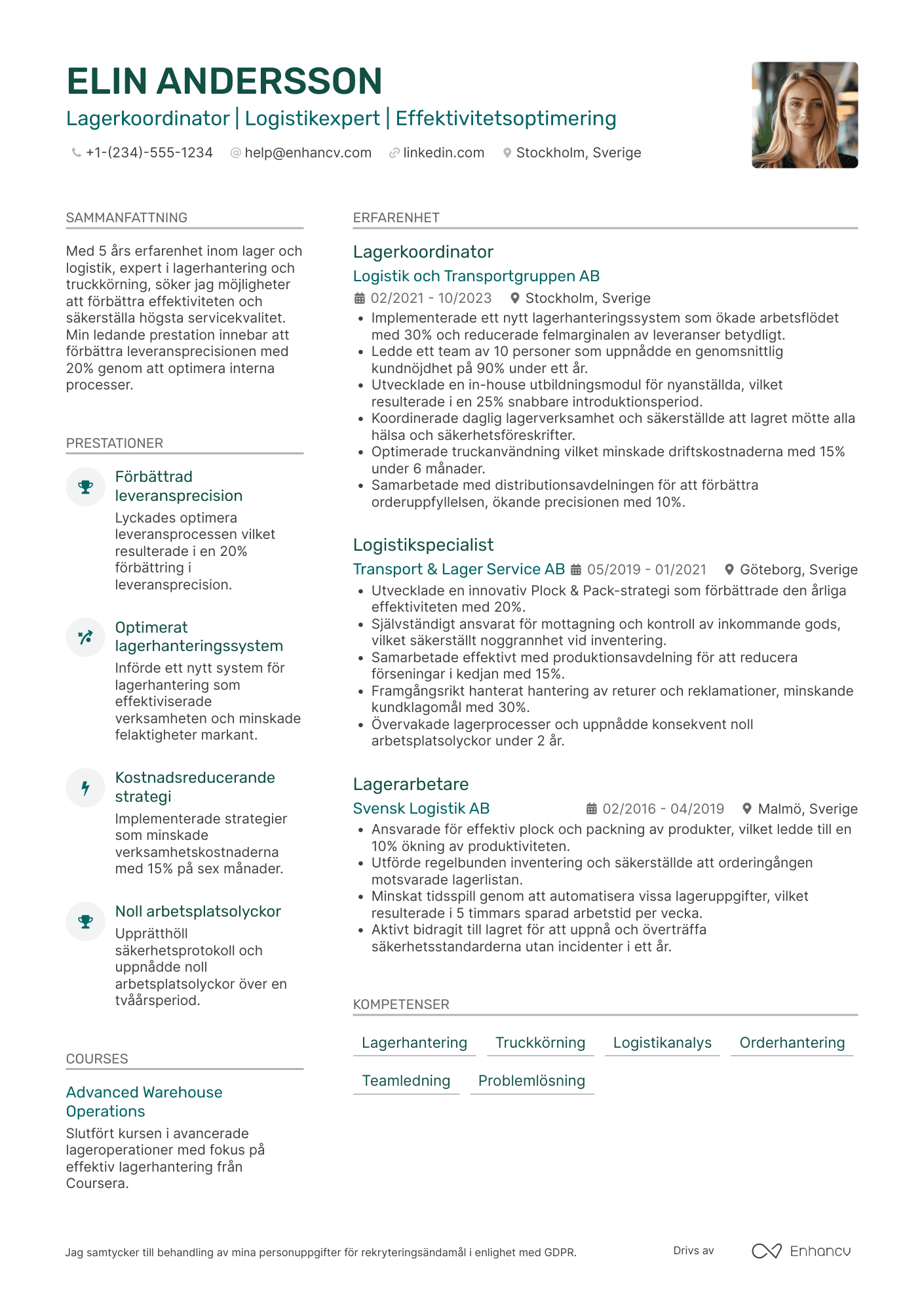 CV för Lagerarbetare tillverkningsindustrin
