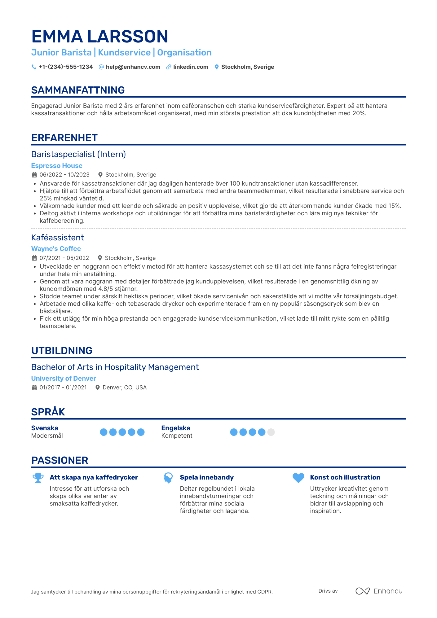 CV för Junior Barista
