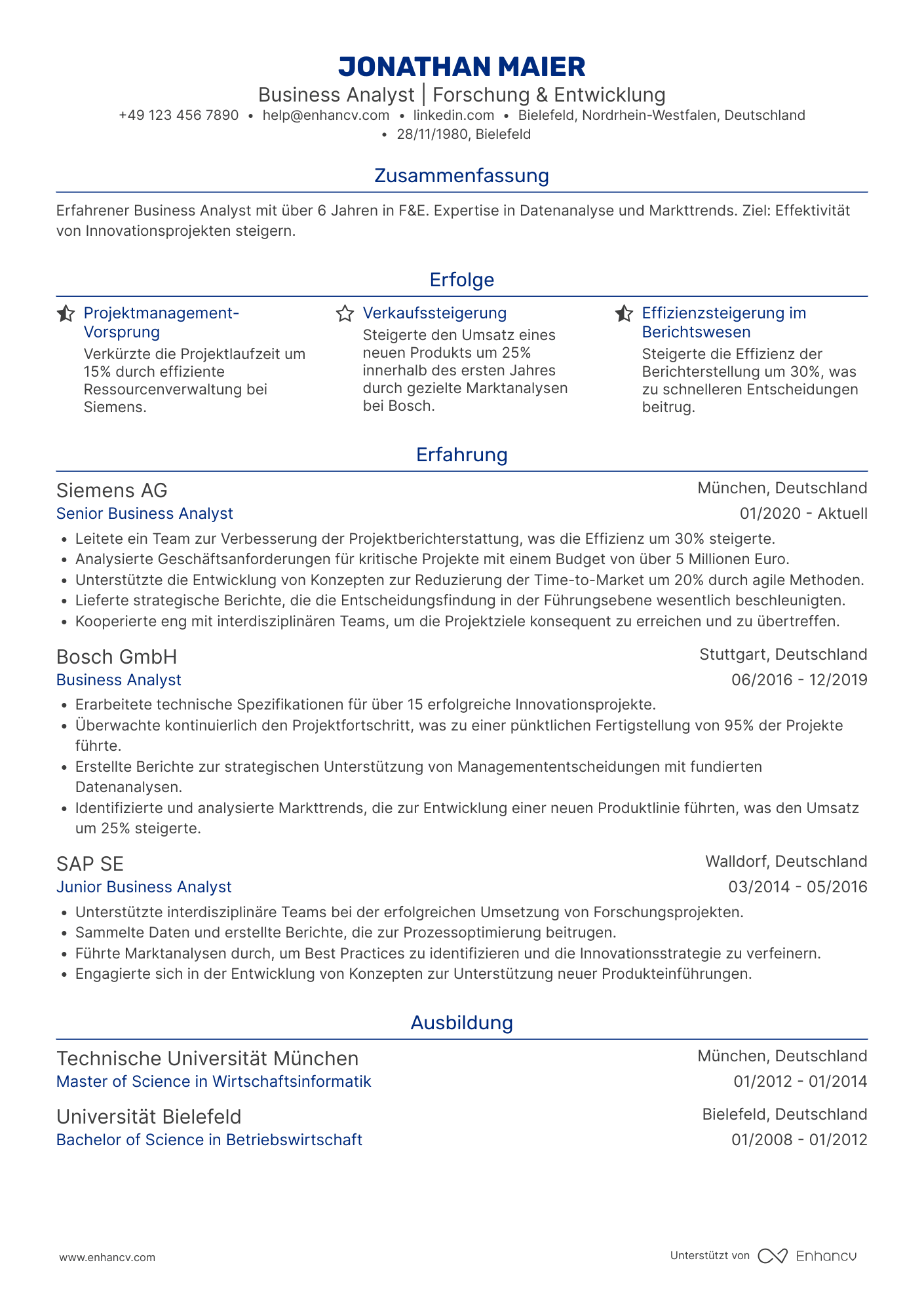 Lebenslauf als Business Analyst für Forschung und Entwicklung