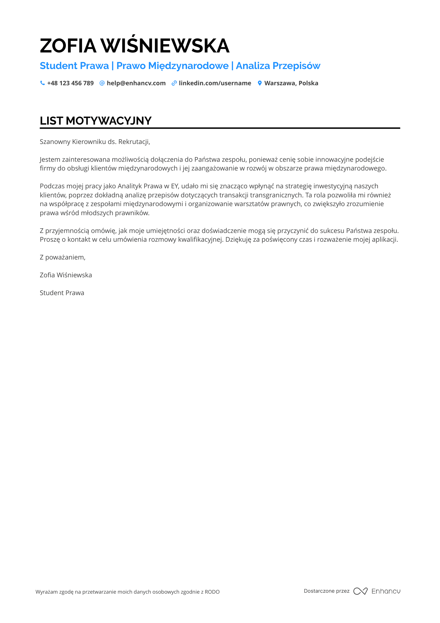 List motywacyjny dla Prawnik ds. Prawa Międzynarodowego